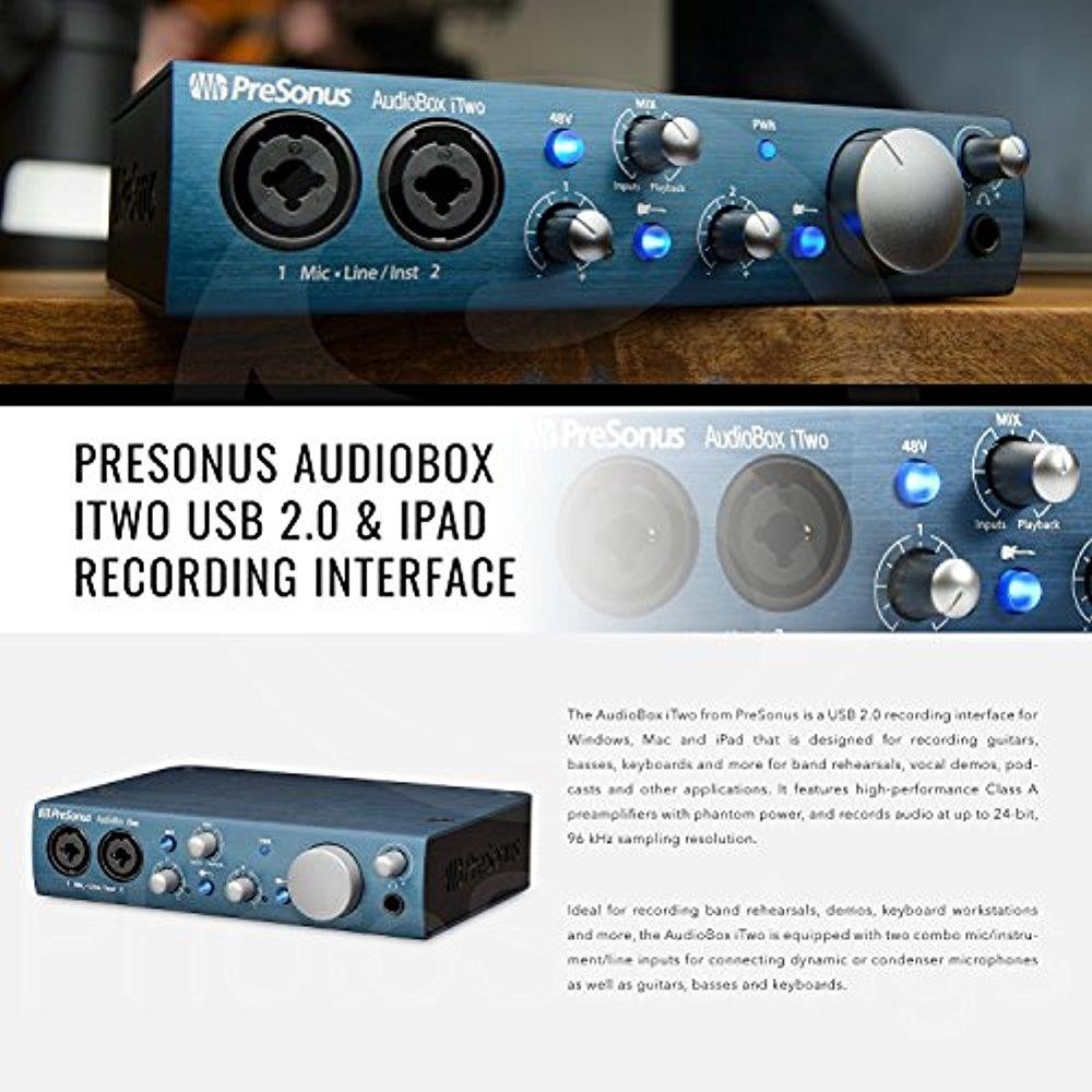 PreSonus AudioBox iTwo 2x2 USB/iPad Recording System with Novation Launchpad Mini MK2 Ableton Live Controller, Samson Microphone, Xpix Mic Stand, and Premium Bundle