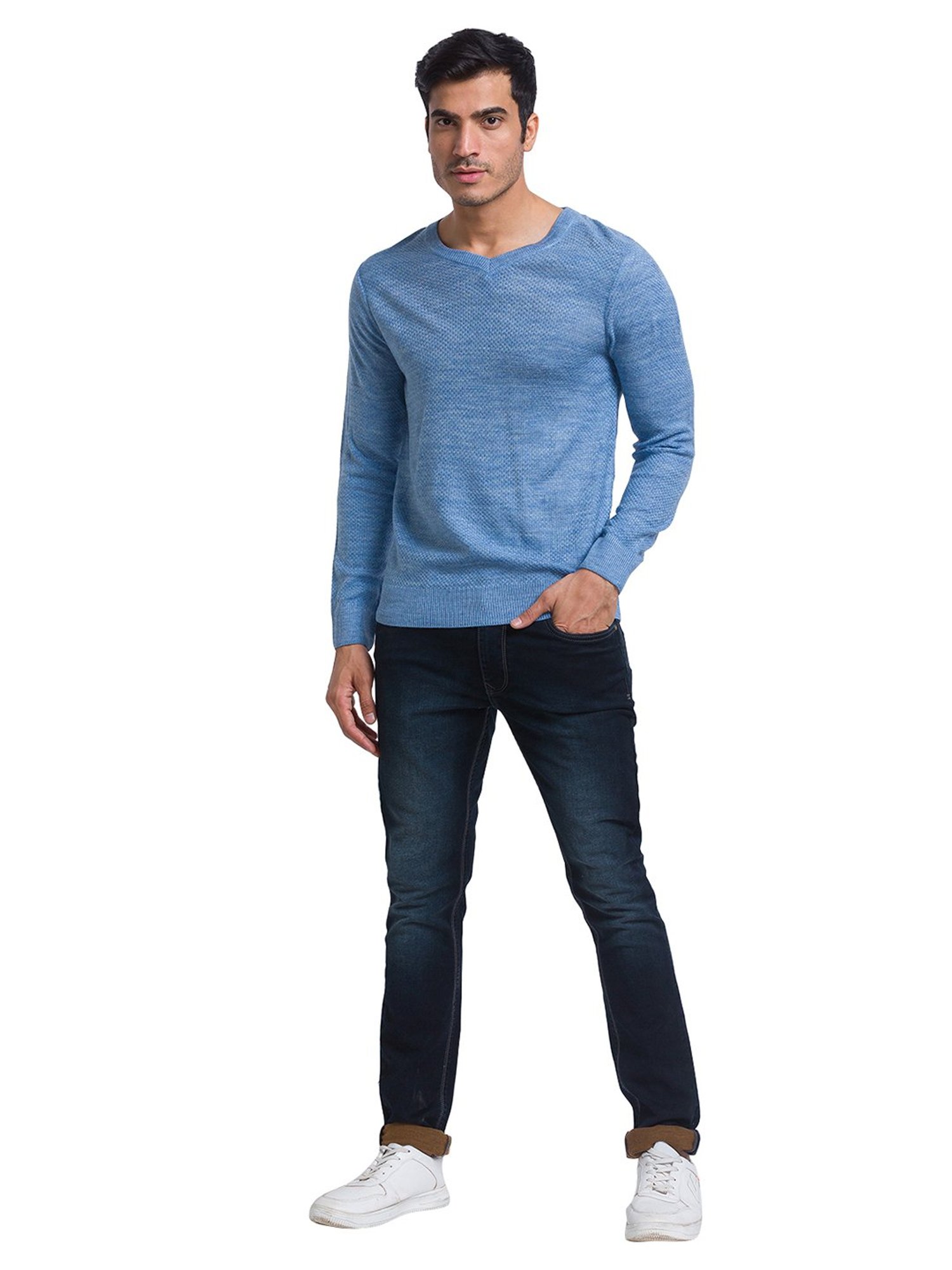 Parx Blue Regular Fit Self Design Sweater