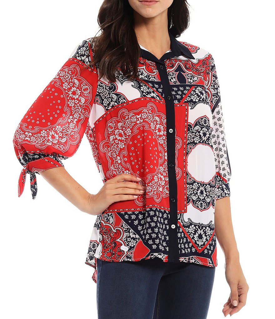 Slim Factor by Investments Paisley Patchwork Print 3/4 Roll-Tab Sleeve Tie-Front Top