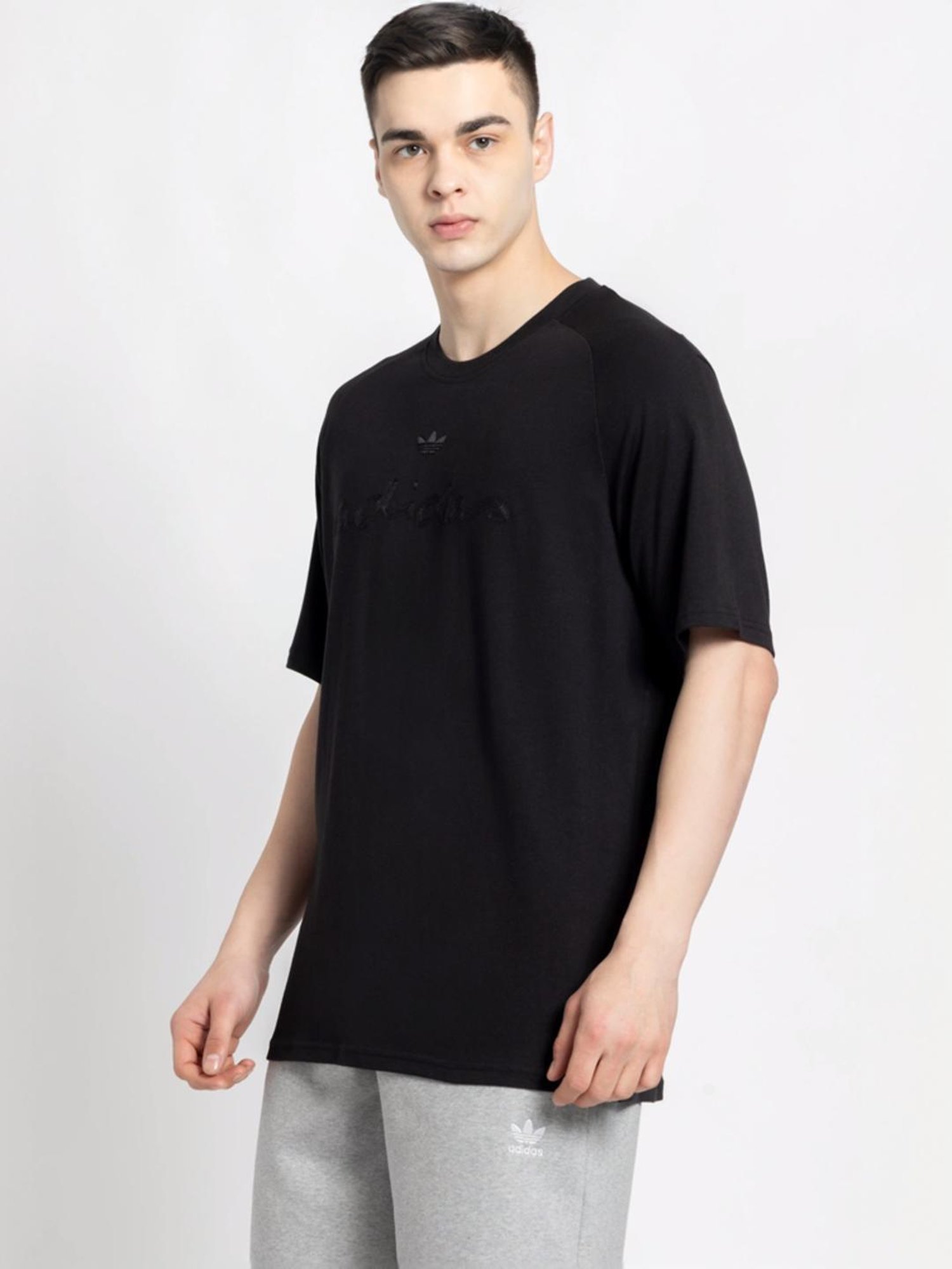 Adidas Originals Black Cotton Regular Fit Embroidered T-Shirt