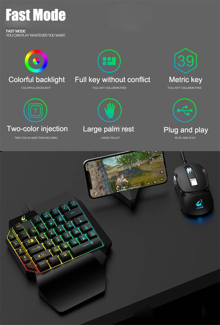 HISPETECH Plug and Play K15 Gaming Keyboard Backlit One Handed USB Wired Keyboard Mechanical Feeling 39 Keys Ergonomic Large Hand Rest for PC Computer PUBG