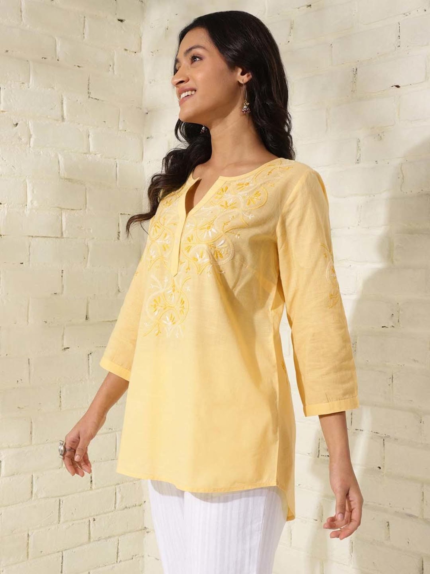 Fabindia Yellow Cotton Embroidered Tunic