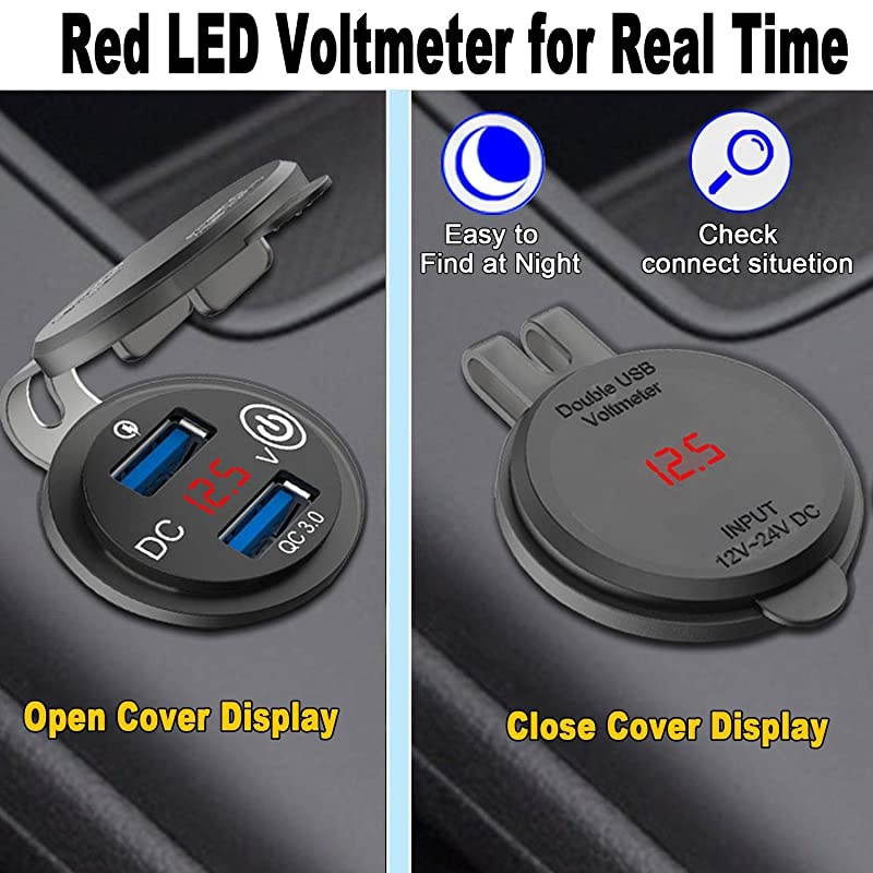 Charge 30 Dual USB Outlet 12V24V USB Car Charger with OnOff Touch Switch and LED Digital Voltmeter Waterproof Car Socket for Car Marine Boat Motorcycle Truck and More