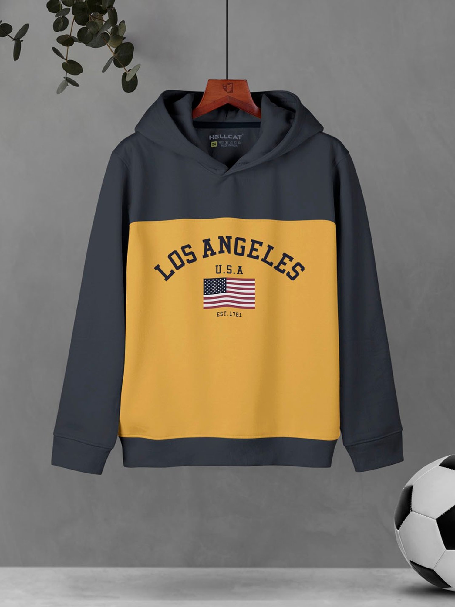 HELLCAT Kids Dark Grey & Mustard Color Block Full Sleeves Sweatshirt