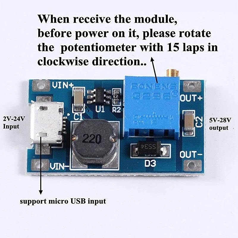 dc to dc Step up Converter DC Voltage Regulator Voltage Converter Step Up dc Boost Converter USB Power Module Supply Module 2V24V to 5V28V 2A MT3608 Mico USB Pack of 10