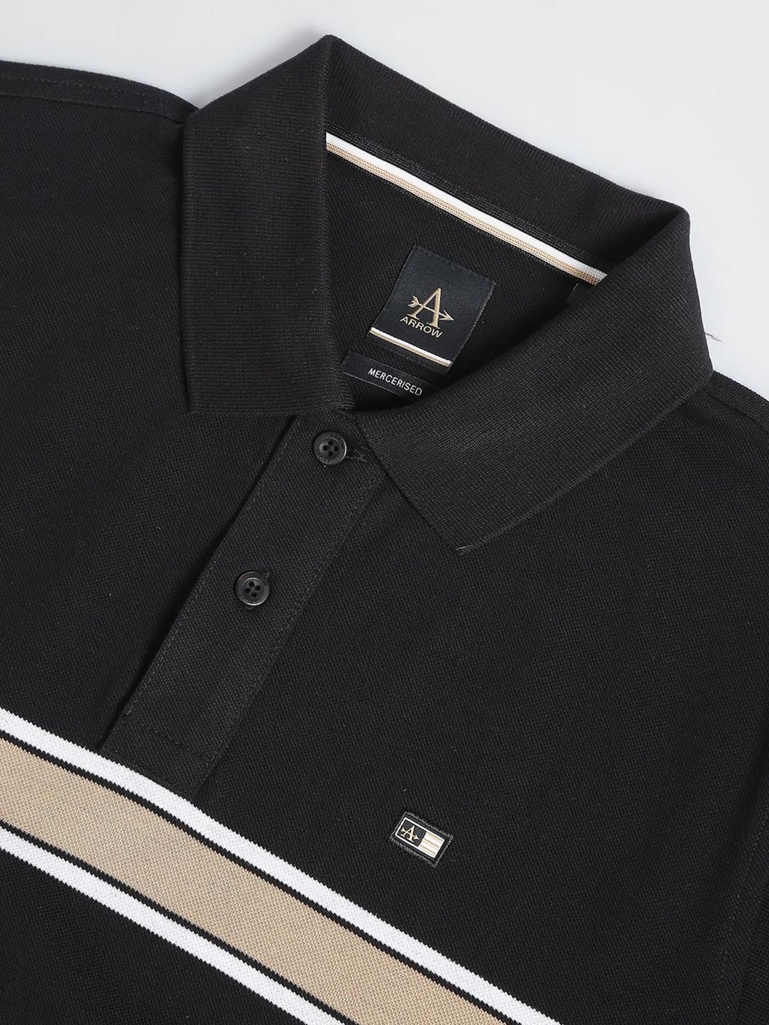 Arrow Sport Black Cotton Regular Fit Striped Polo T-Shirt