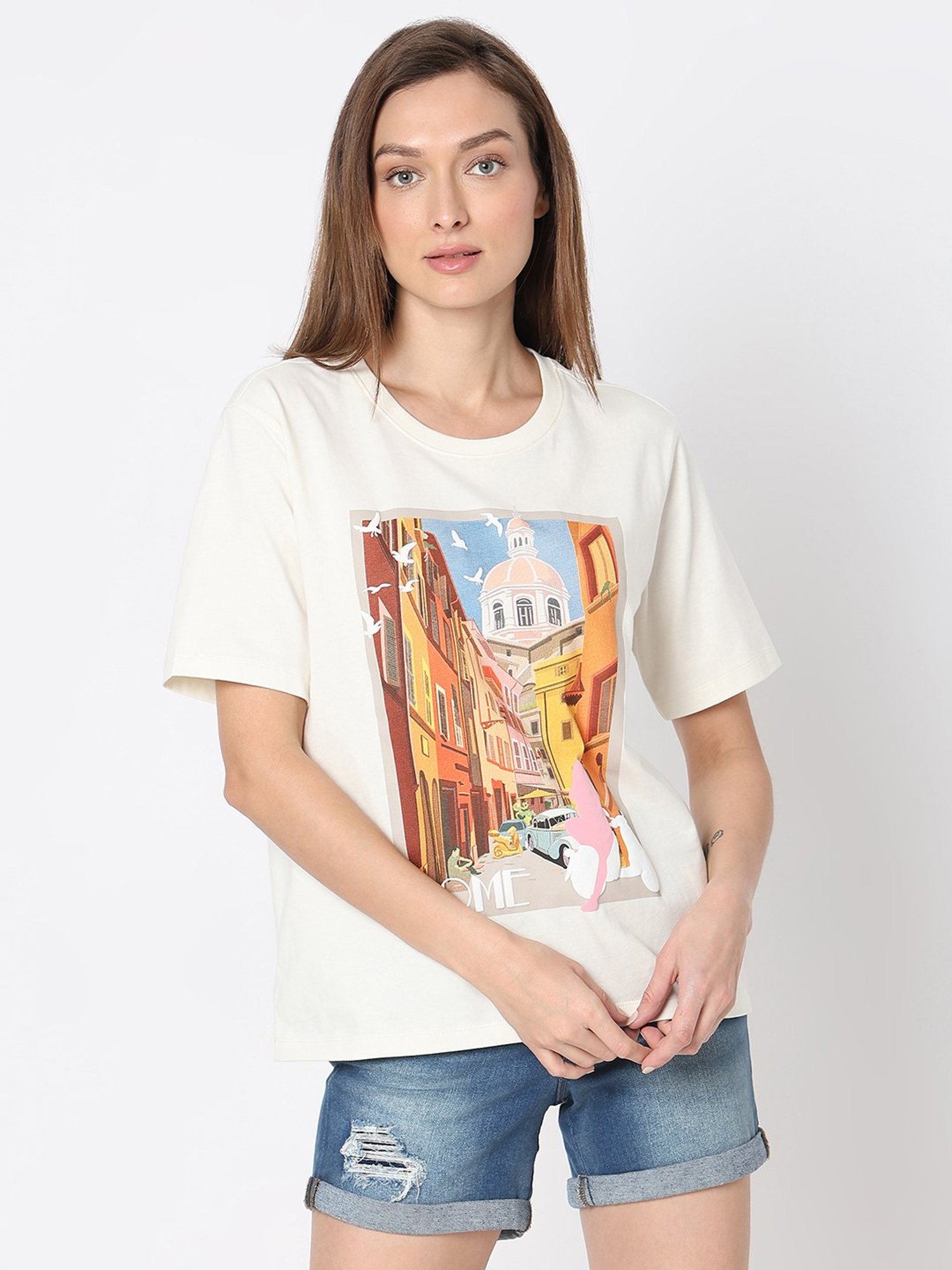 Vero Moda White Cotton Printed T-Shirt