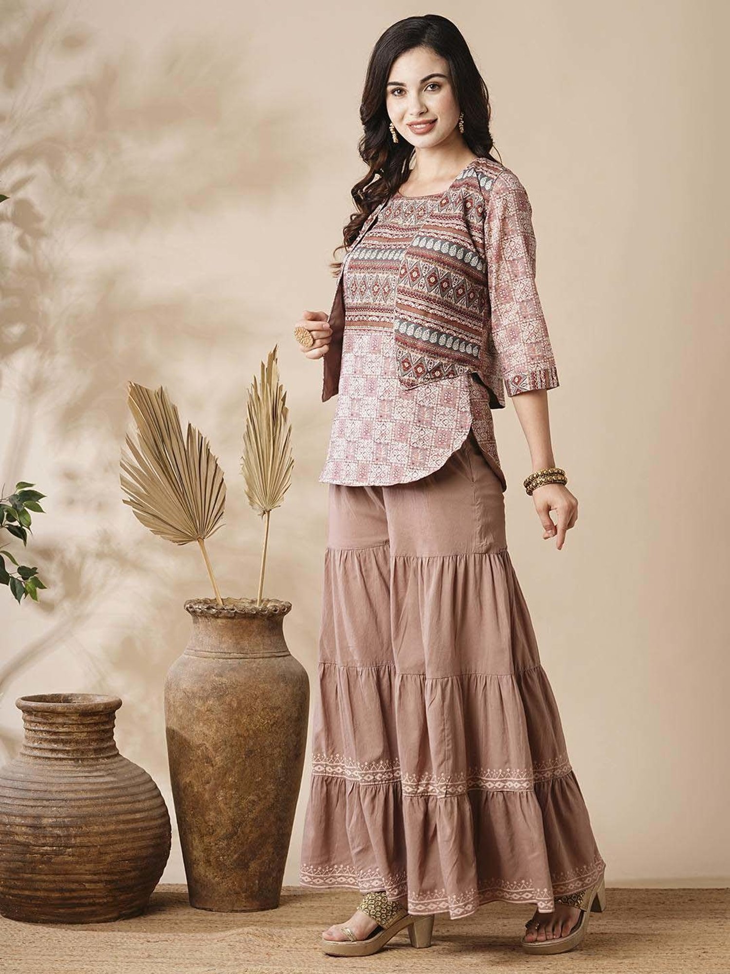 Fashor Beige Cotton Printed Kurti Sharara Set With Jacket