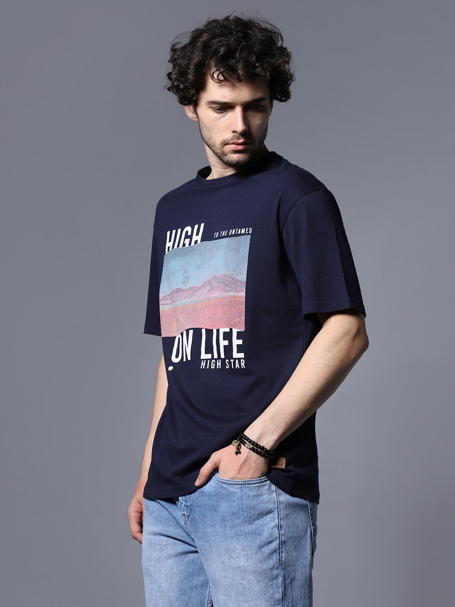High Star Navy Relaxed Fit Graphic Print T-Shirt
