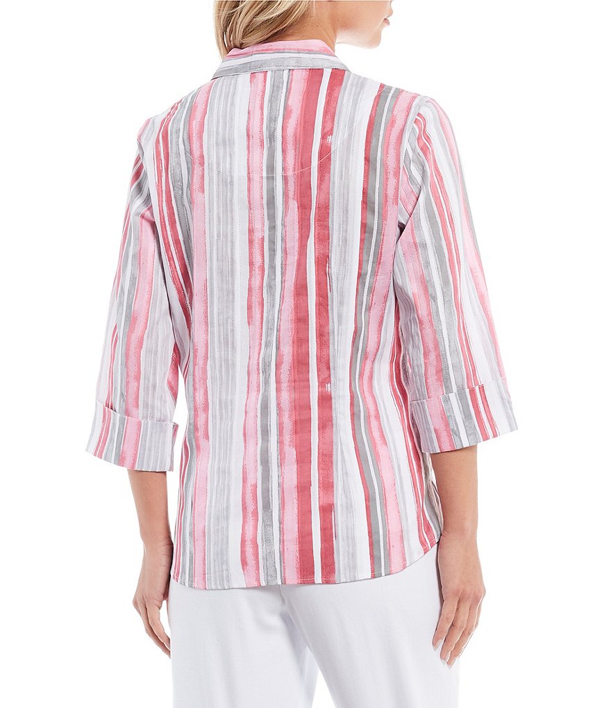 Ali Miles Petite Size Long Roll-Tab Sleeve Round V-Neck Pucker Knit Asymmetrical Tunic