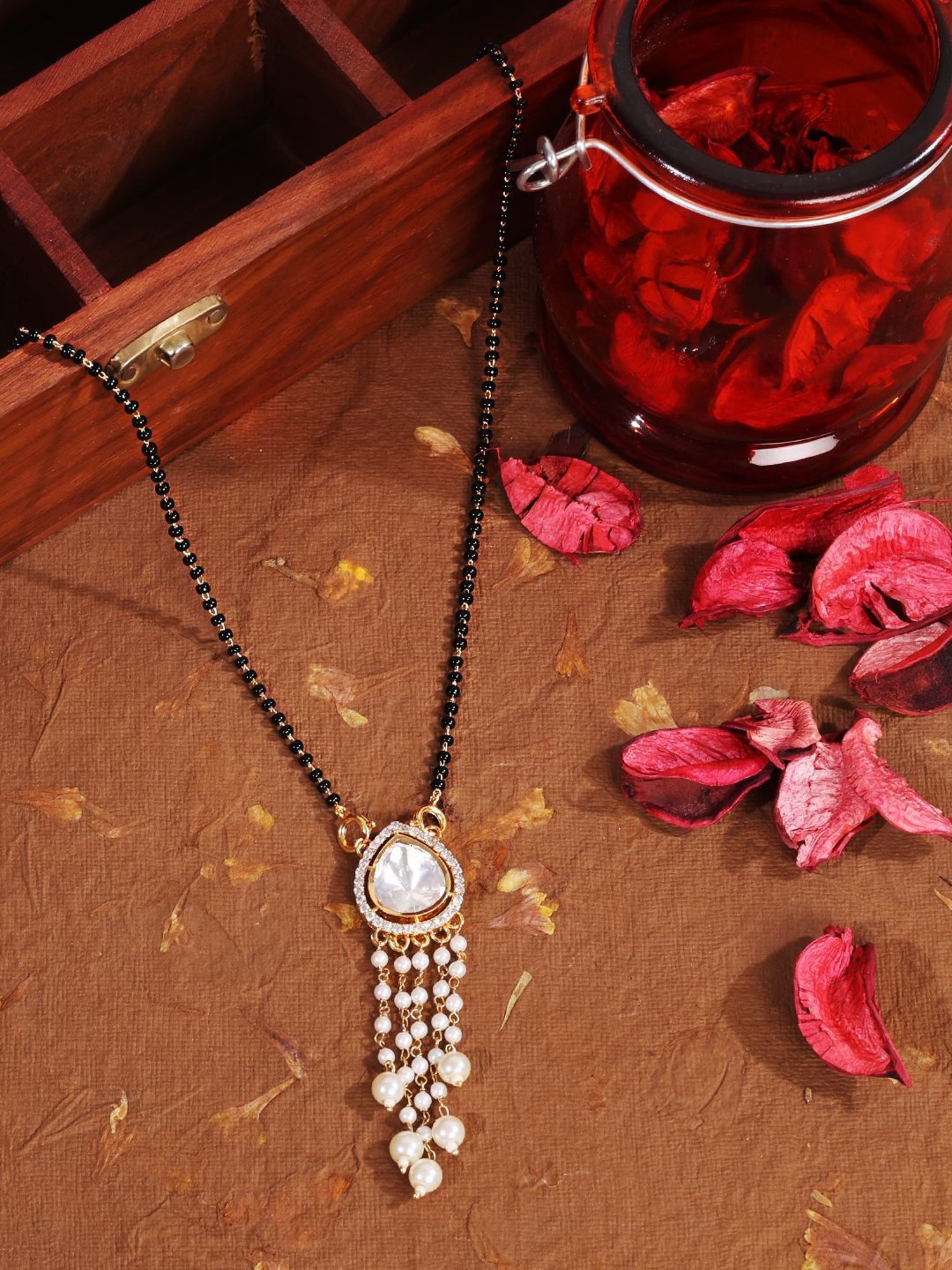 Abdesigns Gold-Plated American Diamond & Black Beaded Mangalsutra