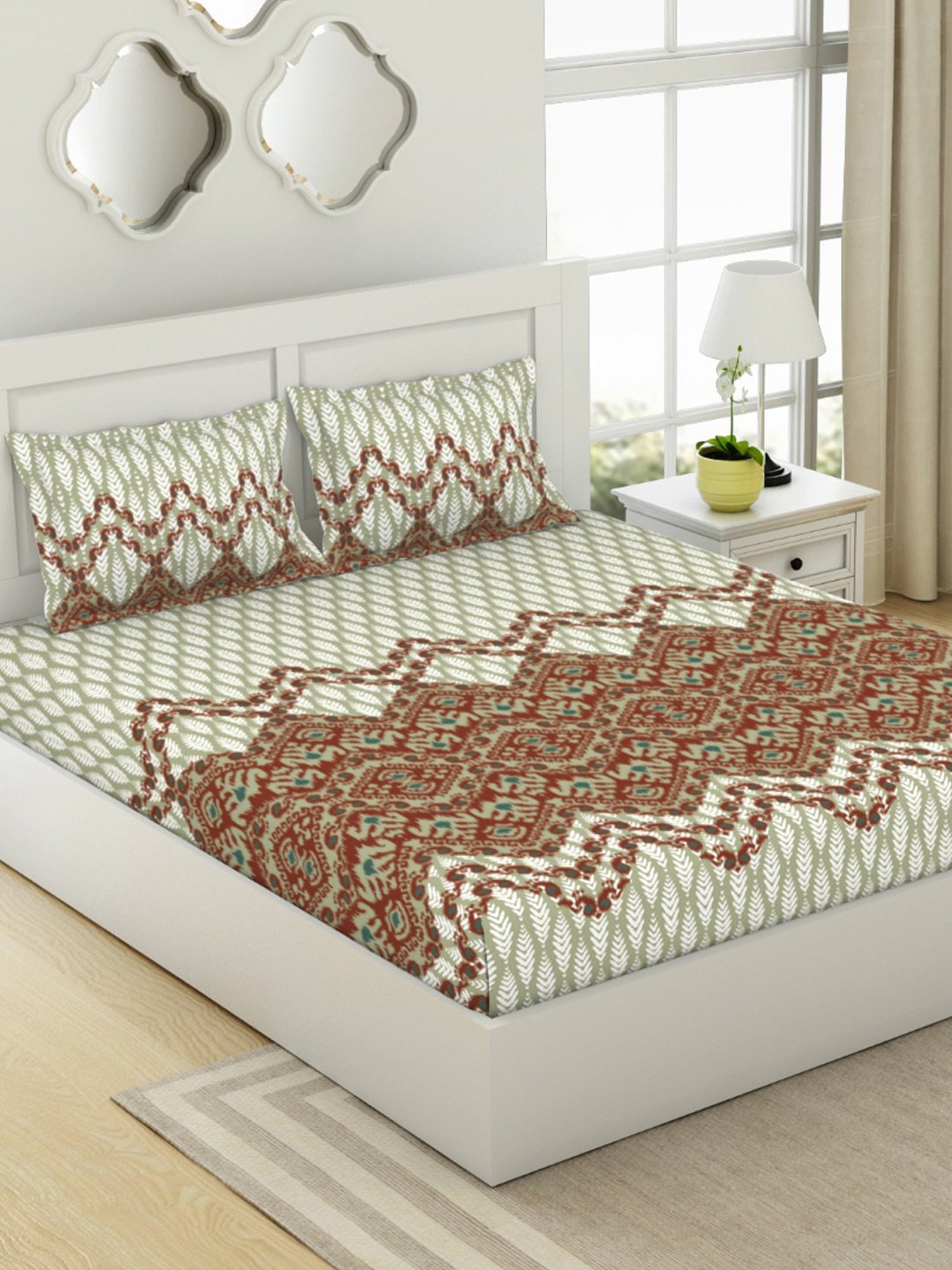 Spaces Ikkat Chevron Orange 144 TC Cotton King Bedsheet with 2 Pillow Covers