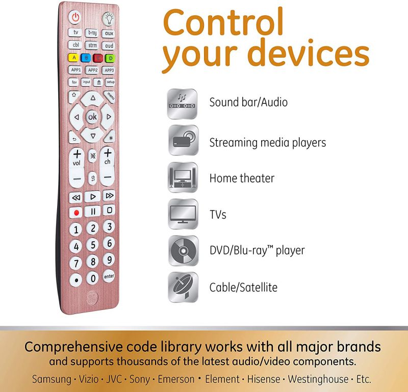 GE 6-Device Backlit Universal Remote Control for Samsung, Vizio, Lg, Sony, Sharp, Roku, Apple TV, Smart TVs, Streaming Players, Blu-Ray, DVD, Master Volume Control, Rose, 47505