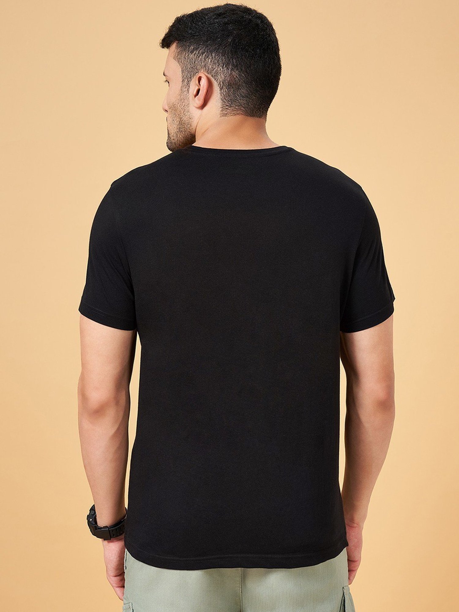 People by Pantaloons Black Cotton Regular Fit Printed T-Shirt