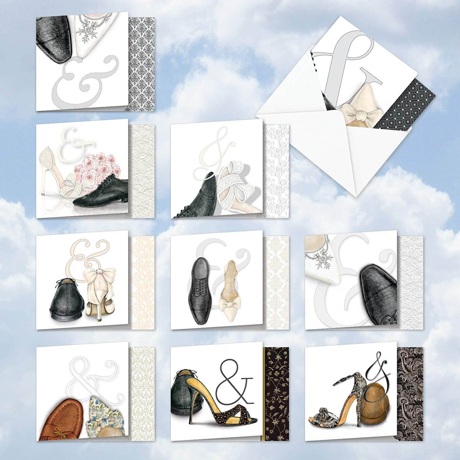 AMQ5068WIG-B1x10 Sole Mates Wedding Invitation: Set of 10 'Square-Top' Greeting Cards Featuring Men and Women's Wedding Shoes Paired for Life, with Envelopes (1 each of 10 Designs, Size: 4" x 5")