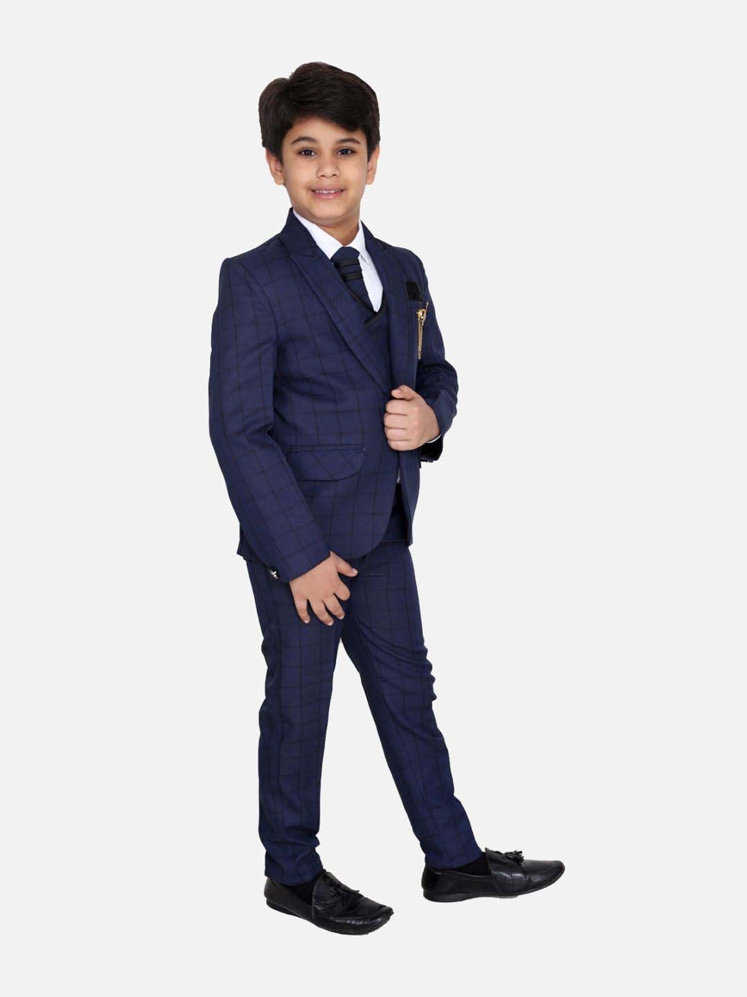 Fourfolds Boys Darkblue Checks Full Sleeves Suit Set
