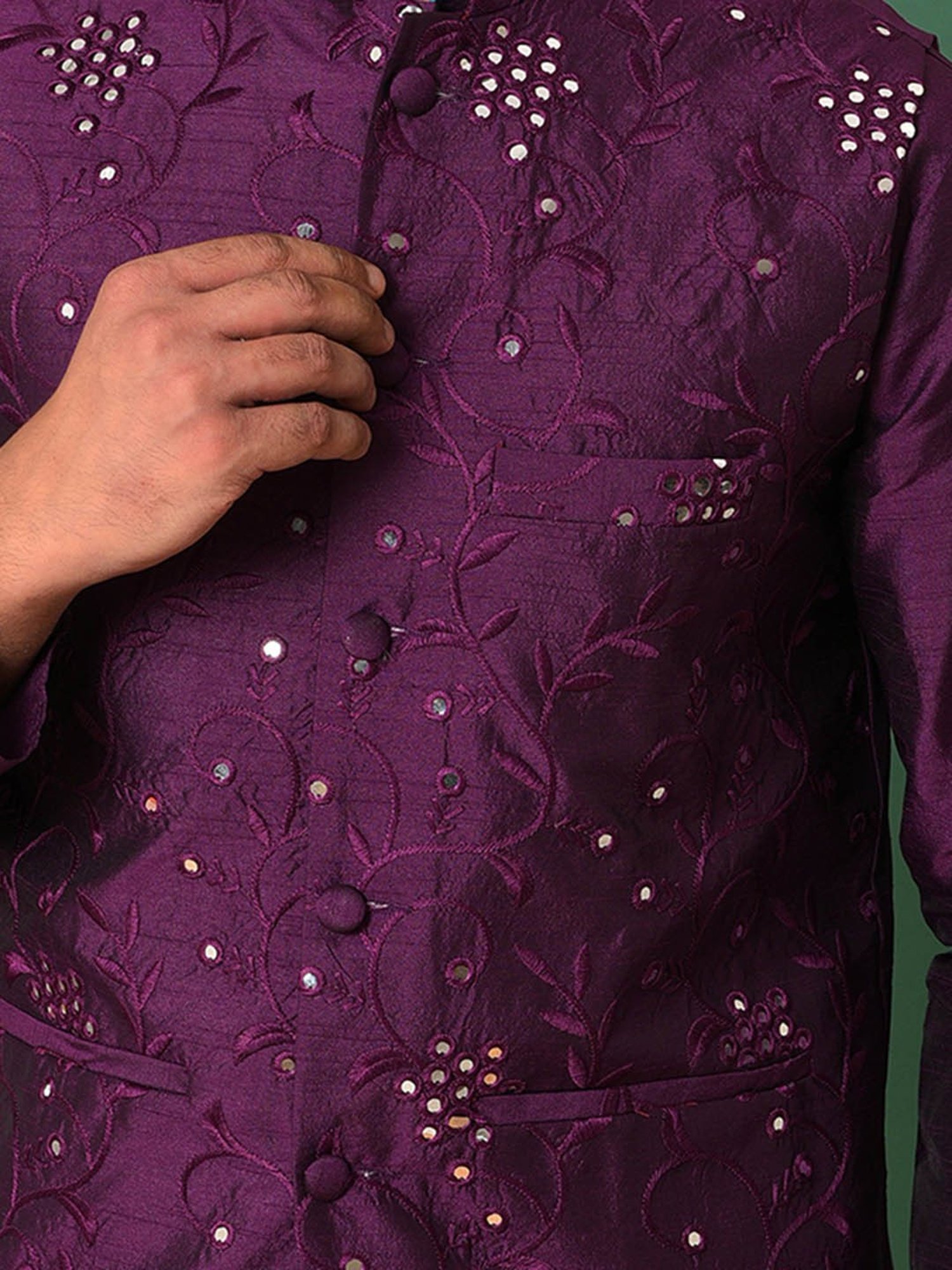 Hangup Dark Purple Regular Fit Embroidered Kurta & Pyjamas With Nehru Jacket