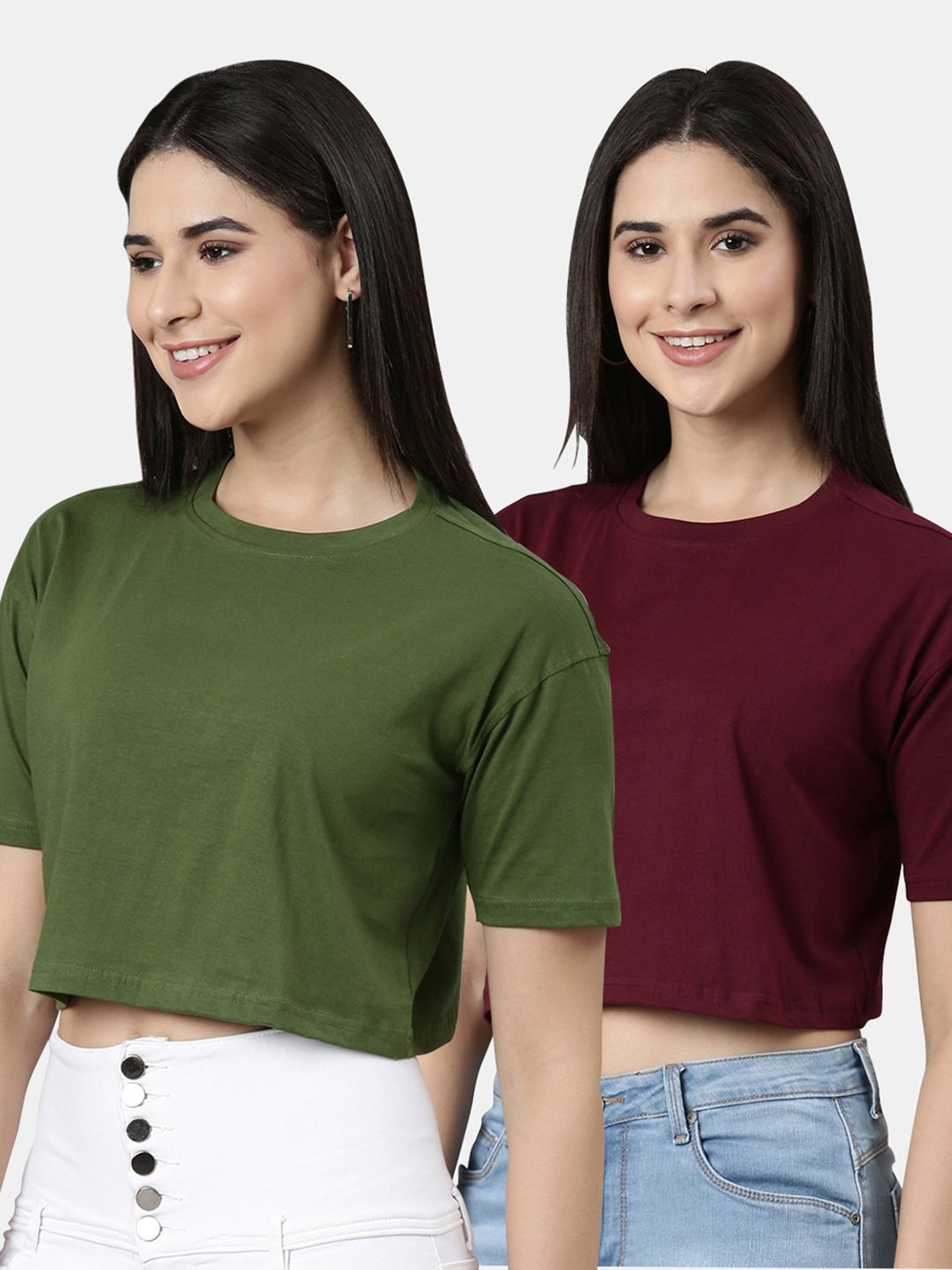 Kryptic Green & Maroon Cotton Relaxed Fit Crop T-Shirt (Pack Of 2)