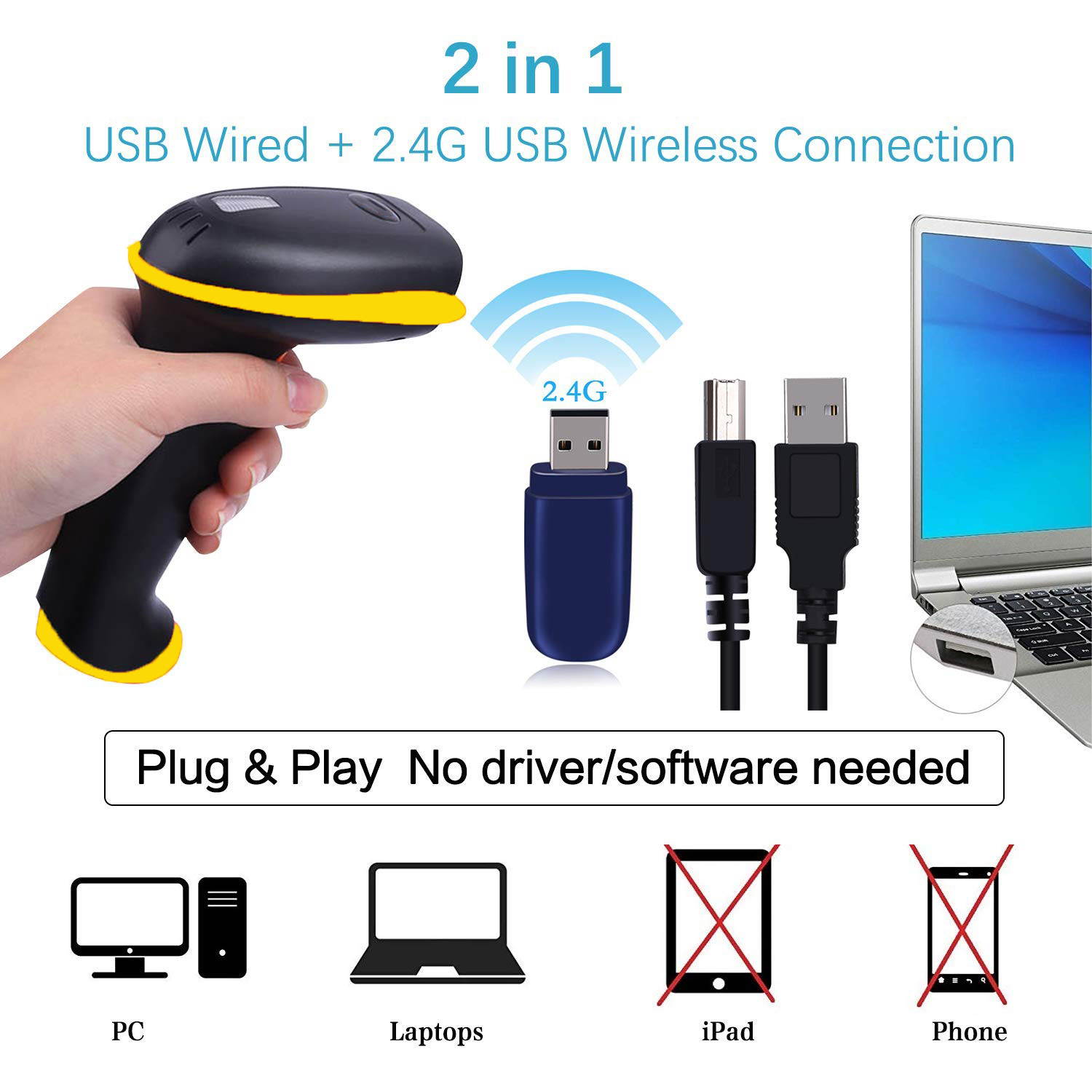 Werleo Barcode Scanner Wireless 1D 2D 2-in-1 2.4G Wireless & USB 2.0 Wired 2D QR Bar Code Scanner Cordless CMOS Image Barcode Reader for Mobile Payment Computer Screen 2D Scanner Barcode with Stand
