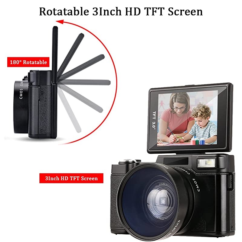 Digital Camera Camcorder,  Full HD 1080P 24.0MP Video Camera 3.0 Inch Flip Screen Vlogging Camera Camcorder with Retractable Flashlight for YouTube (Two Batteries Included)