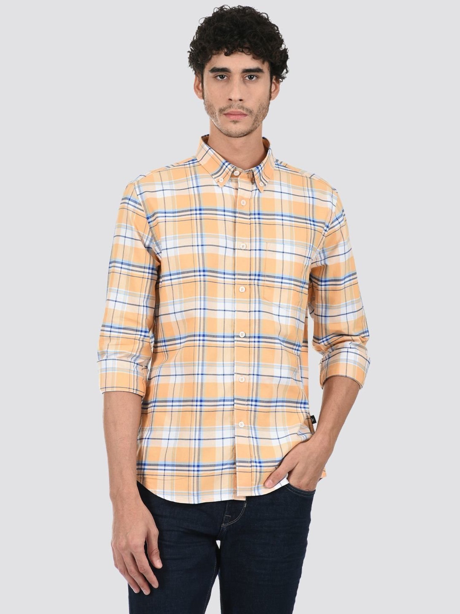 London Fog Orange Regular Fit Checks Shirt