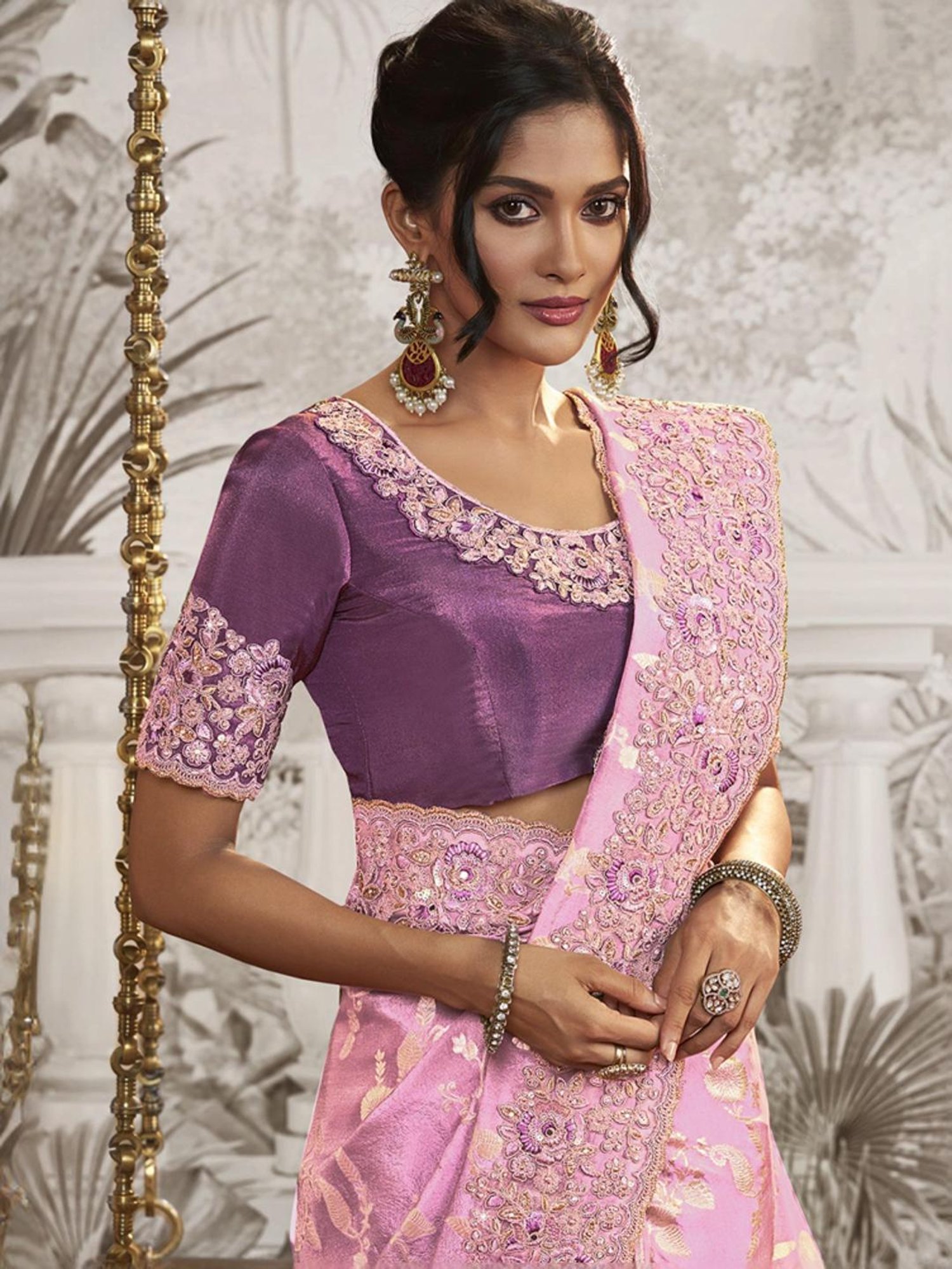 Satrani Pink Embroidered Saree With Unstitched Blouse