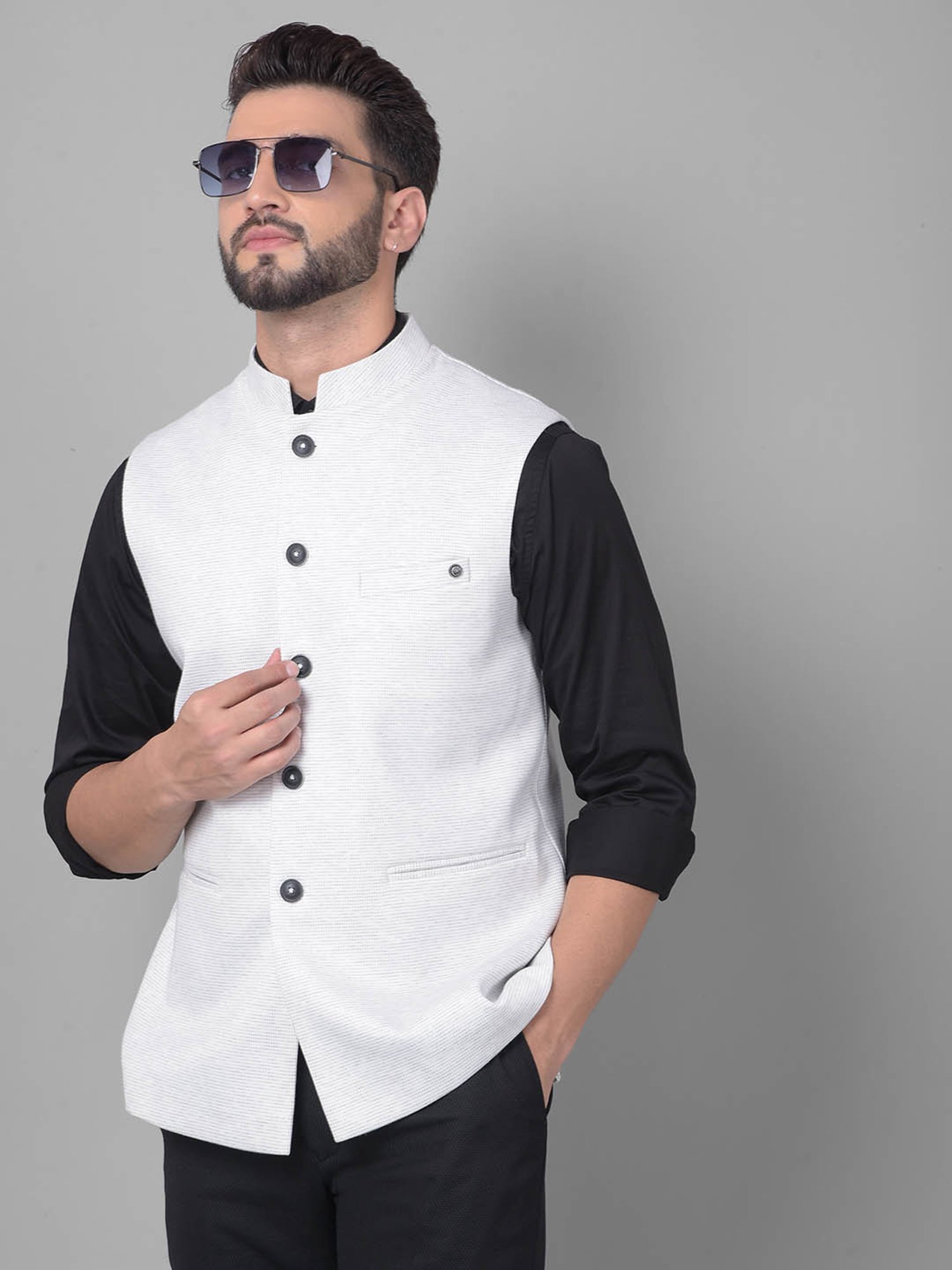 Crimsoune Club Off White Slim Fit Striped Nehru Jacket