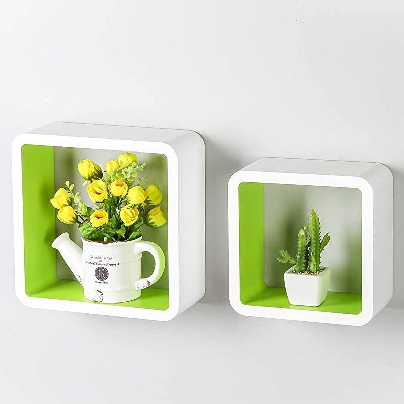 Set of 2 Cube Floating Shelves Wood Wall Shelves for Home Decoration Storage Display Rack White+Green
