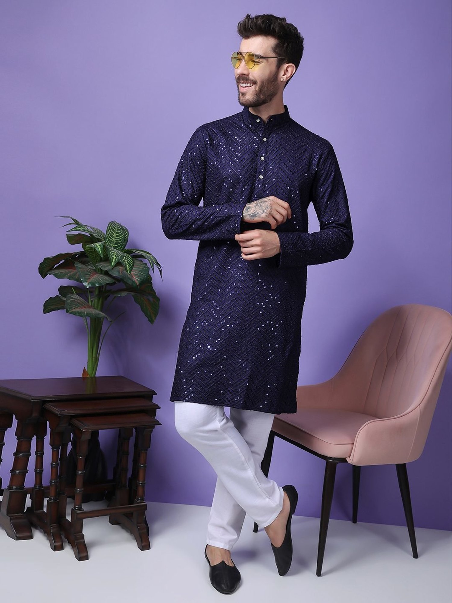 Hangup Navy Blue & White Regular Fit Embellished Kurta Bottom Set
