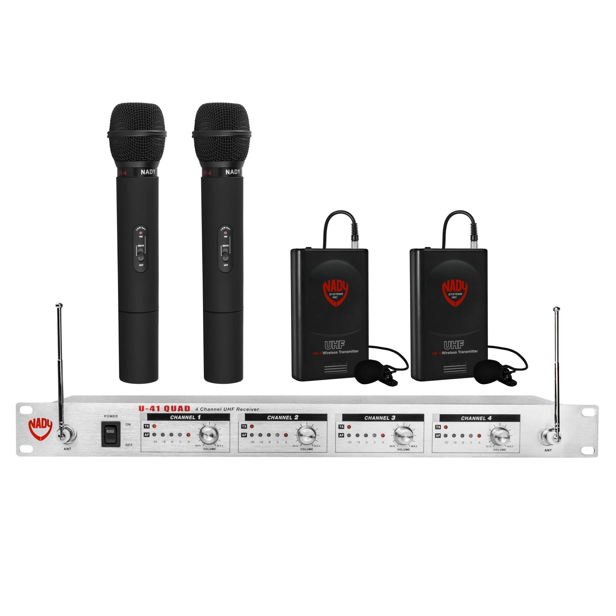 Nady U-41 Wireless UHF Handheld & Lapel 4-Channel Microphone System With 4 Transmitters