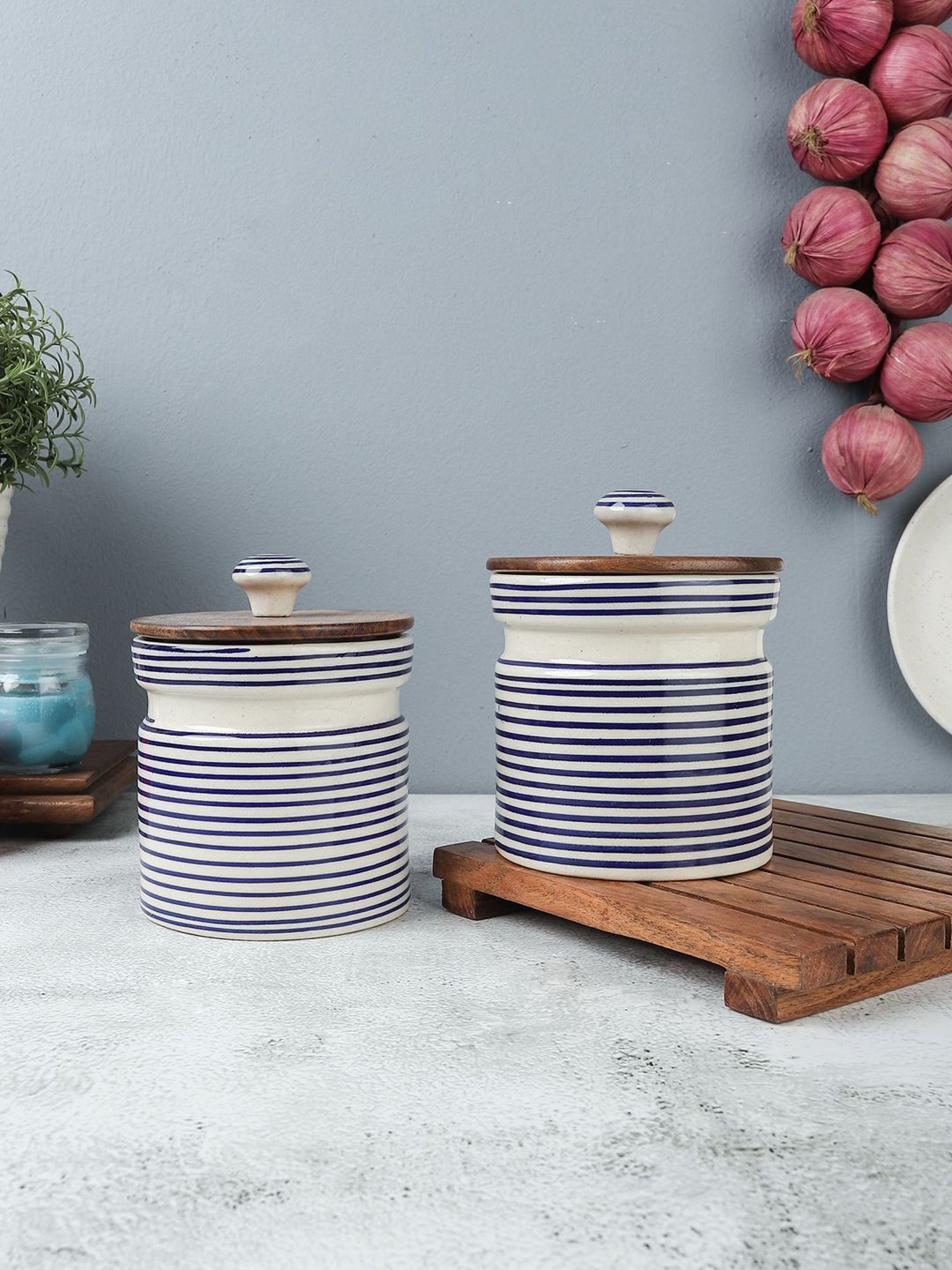 VarEesha Blue Ceramic Cylindrical Jars - Set of 2