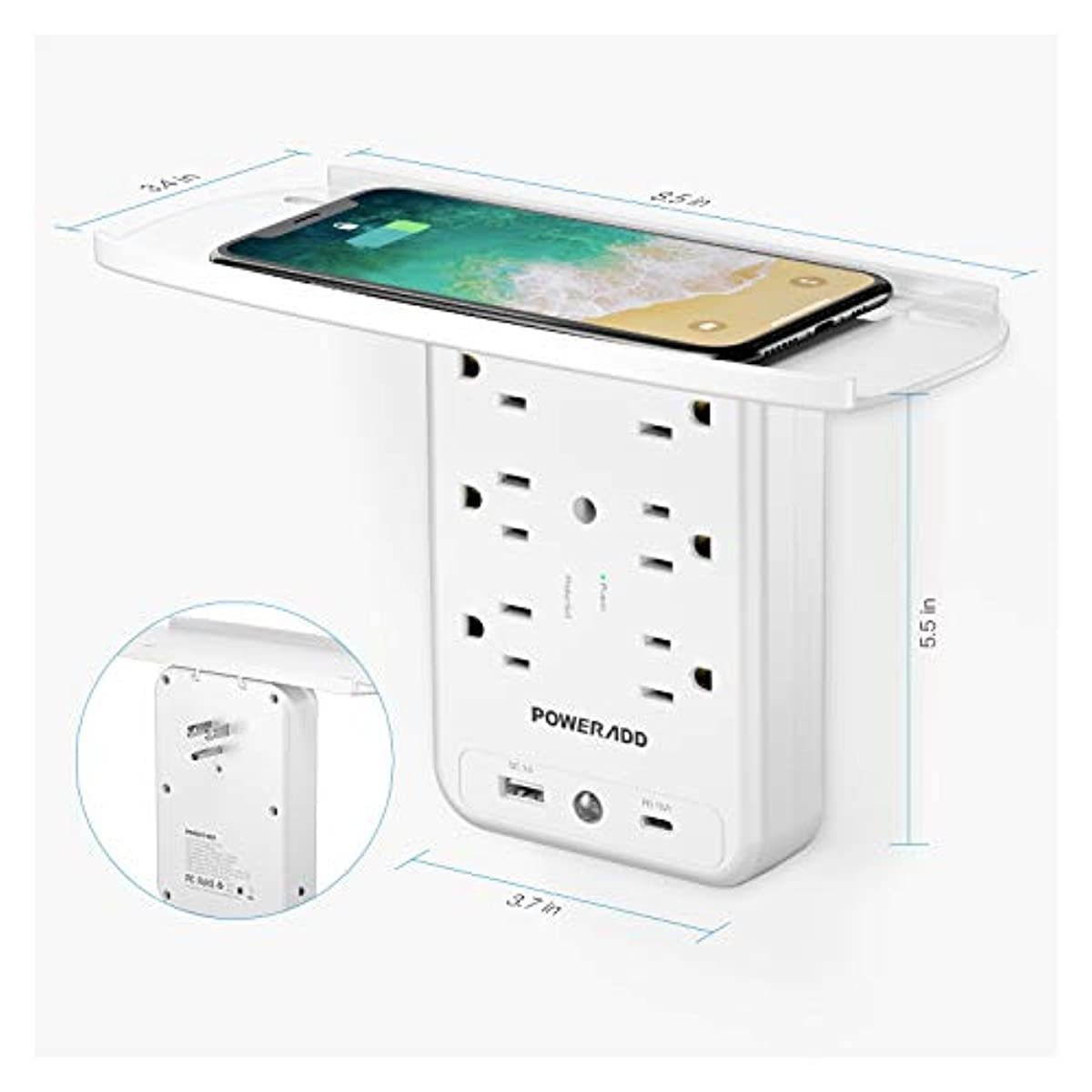Socket Shelf Wall Outlet, POWERADD 6 Outlet Extender Surge Protector with USB C PD 18W, 1875W 1700J, Multi Plug Outlet with Removable Shelf and Smart Night Light for Bathroom/Home/Dorm