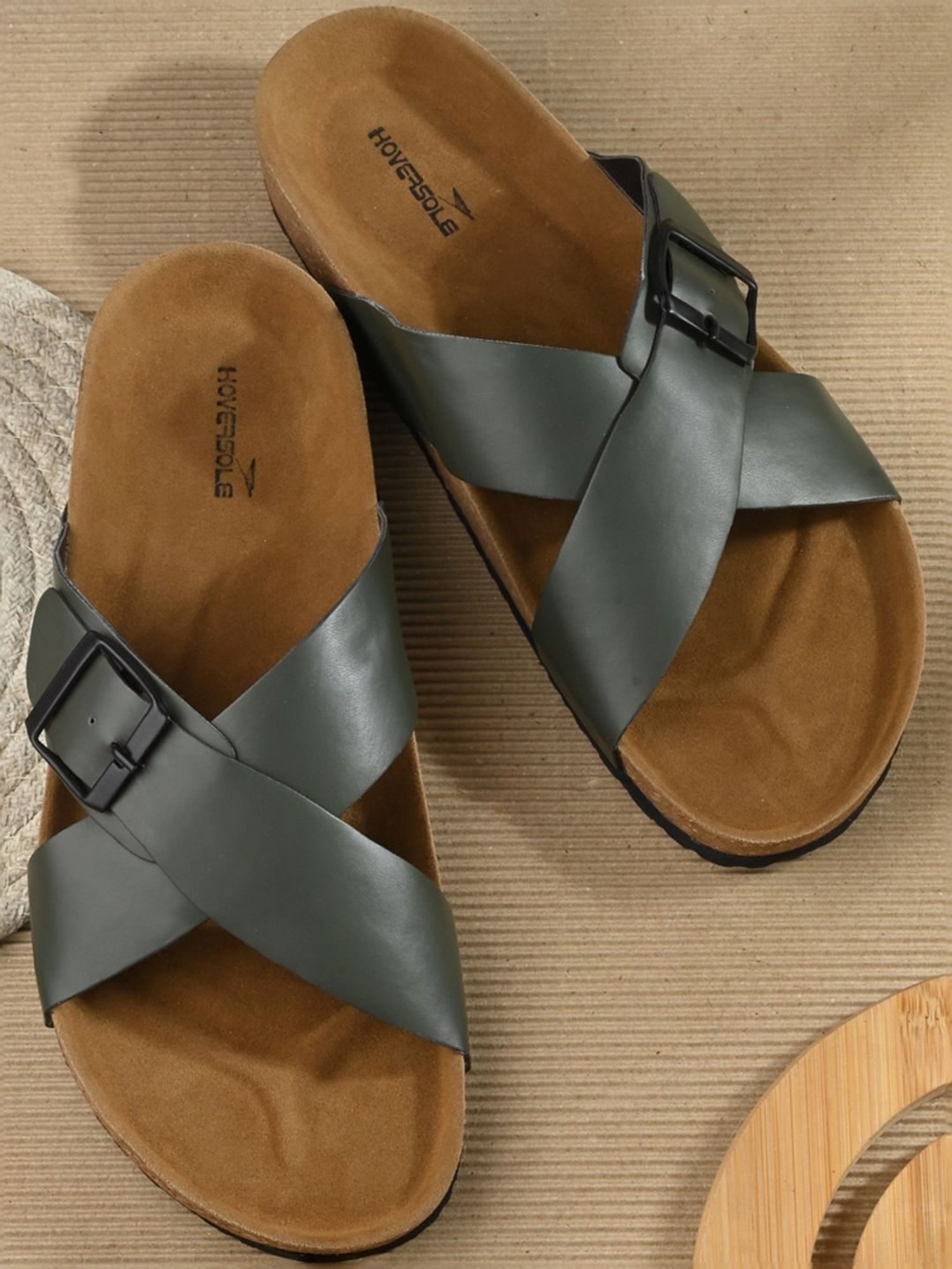 Hoversole Men's Olive Cork Cross Strap Sandals