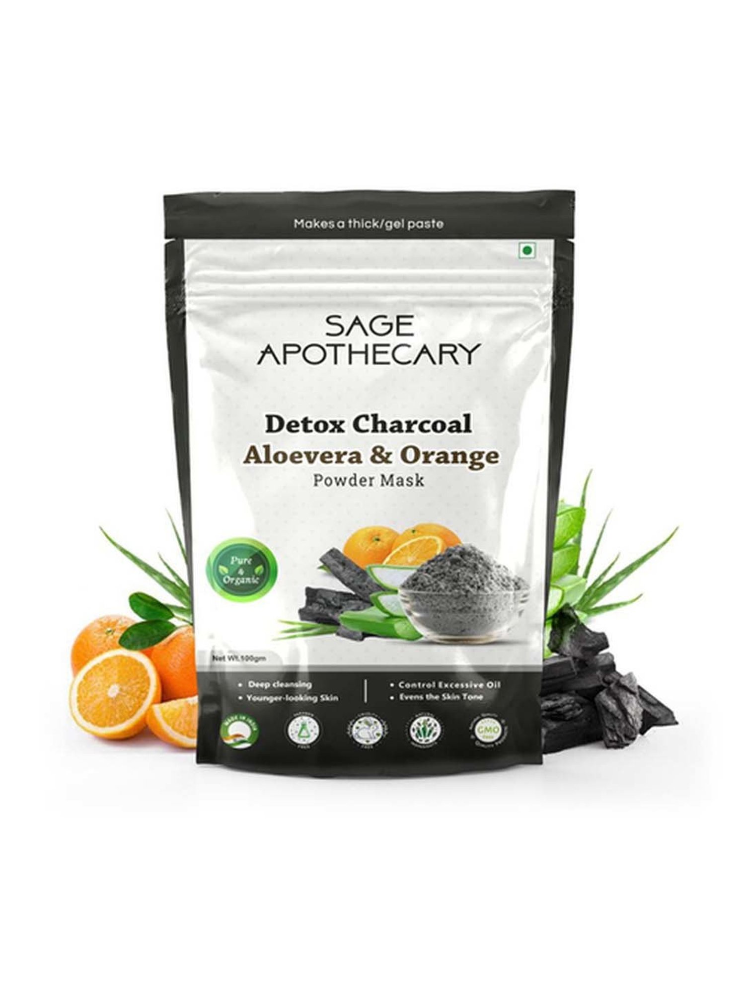 Sage Apothecary Detox Charcoal Aloe Vera & Orange Face Powder Mask - 100 gm