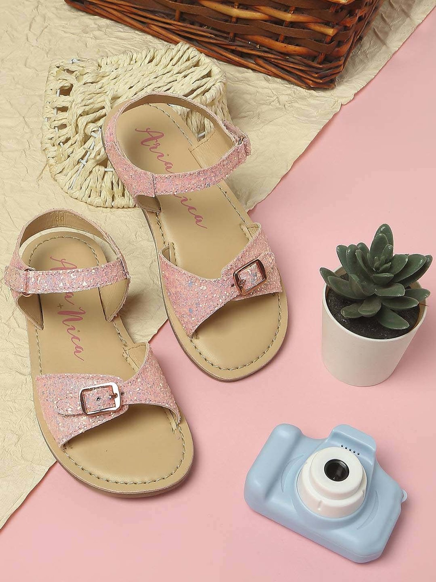 Aria Nica Kids Sassy Pink & Beige Ankle Strap Sandals