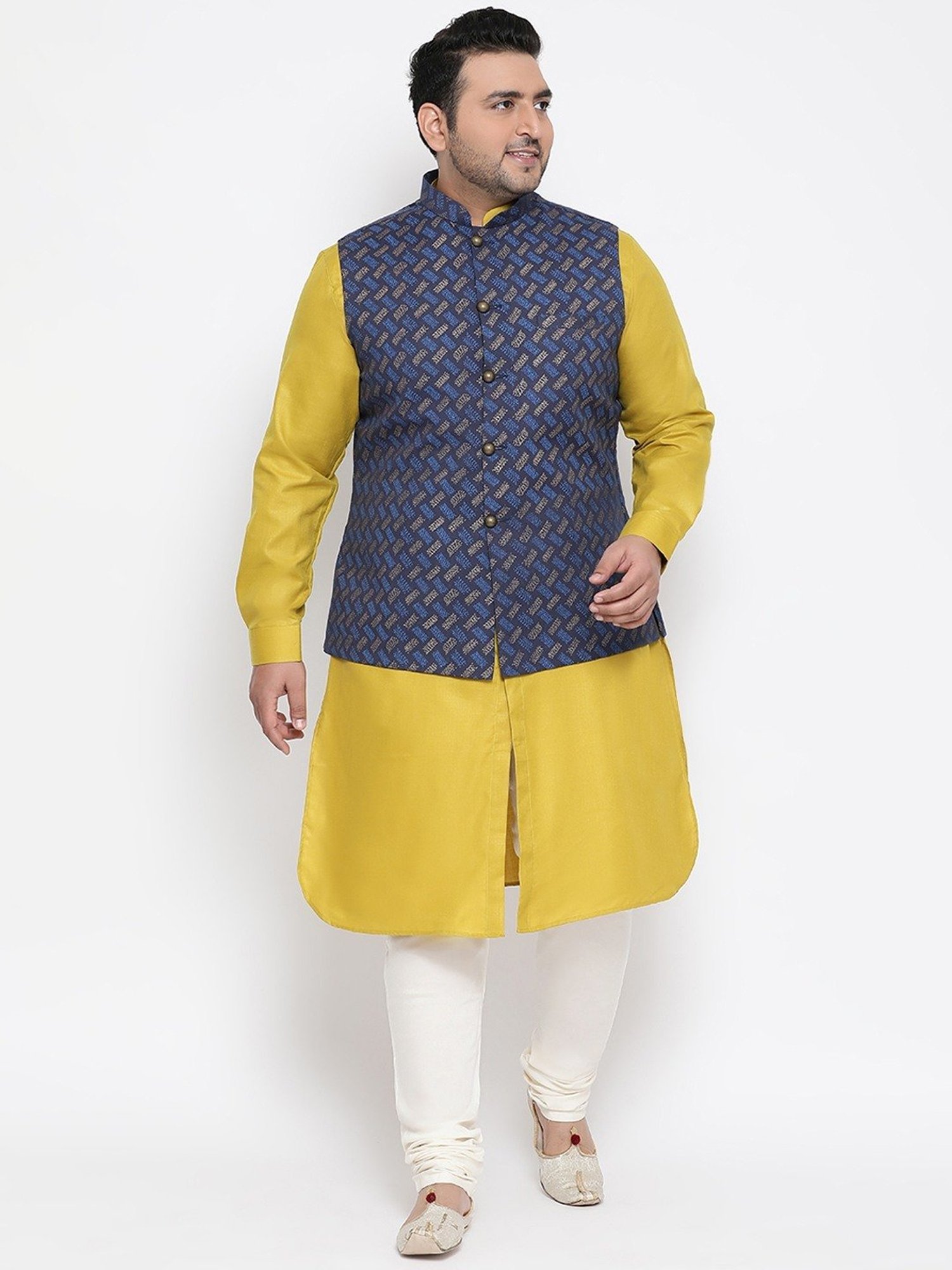 KISAH PLUS Navy & Mustard Regular Fit Printed Kurta Set With Jacket