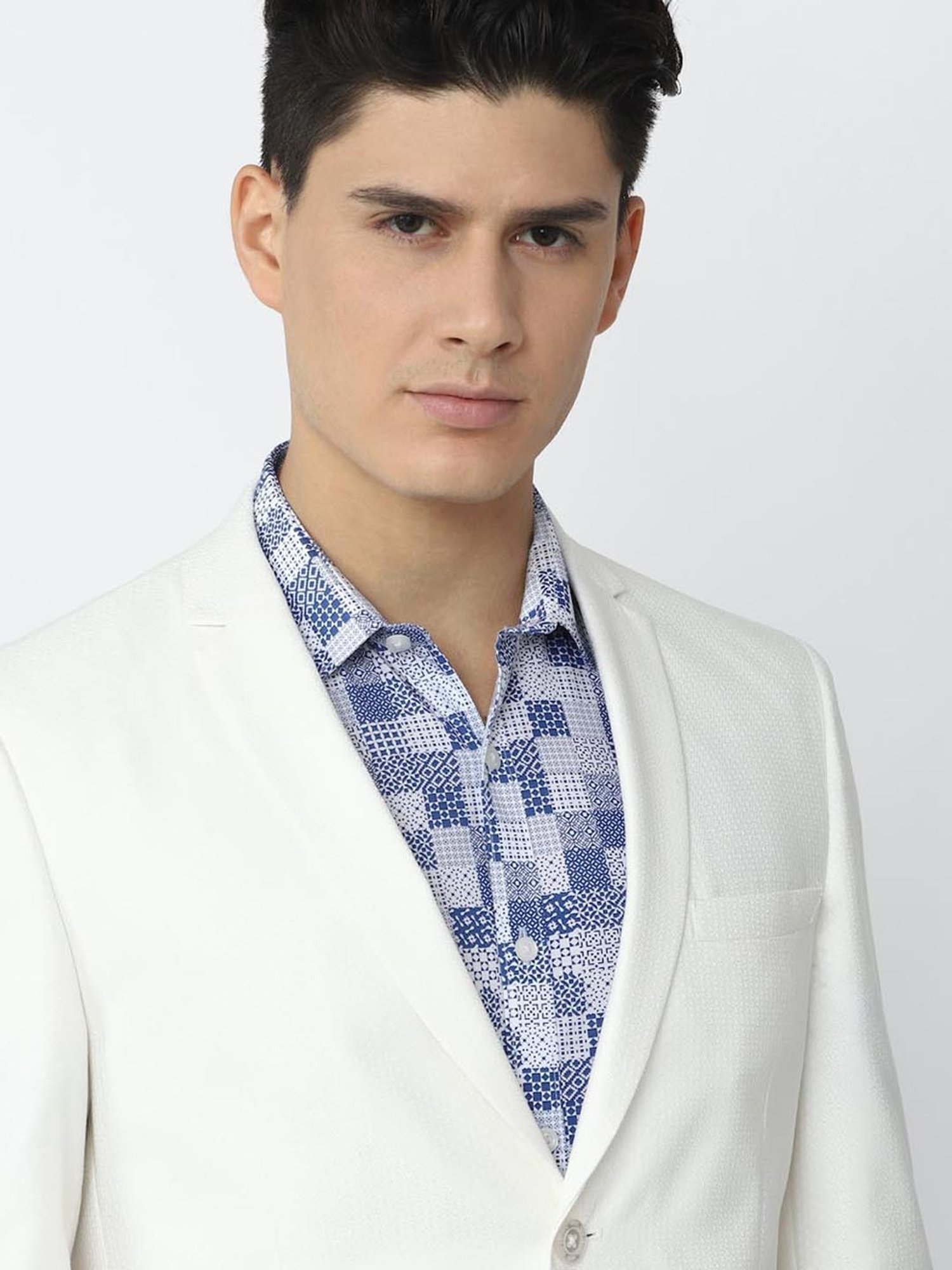 V Dot White Skinny Fit Blazer