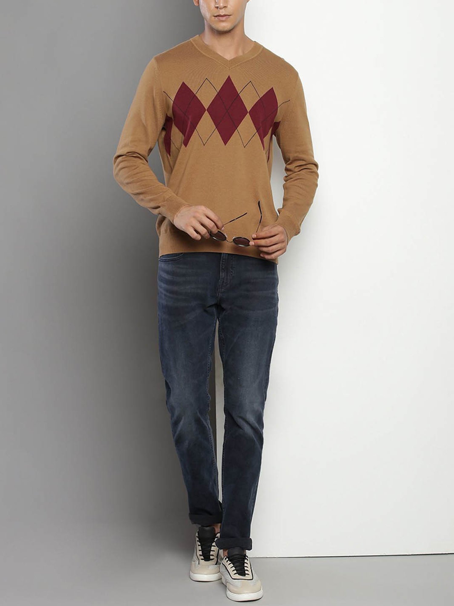 Tommy Hilfiger Brown Cotton Regular Fit Self Pattern Sweater