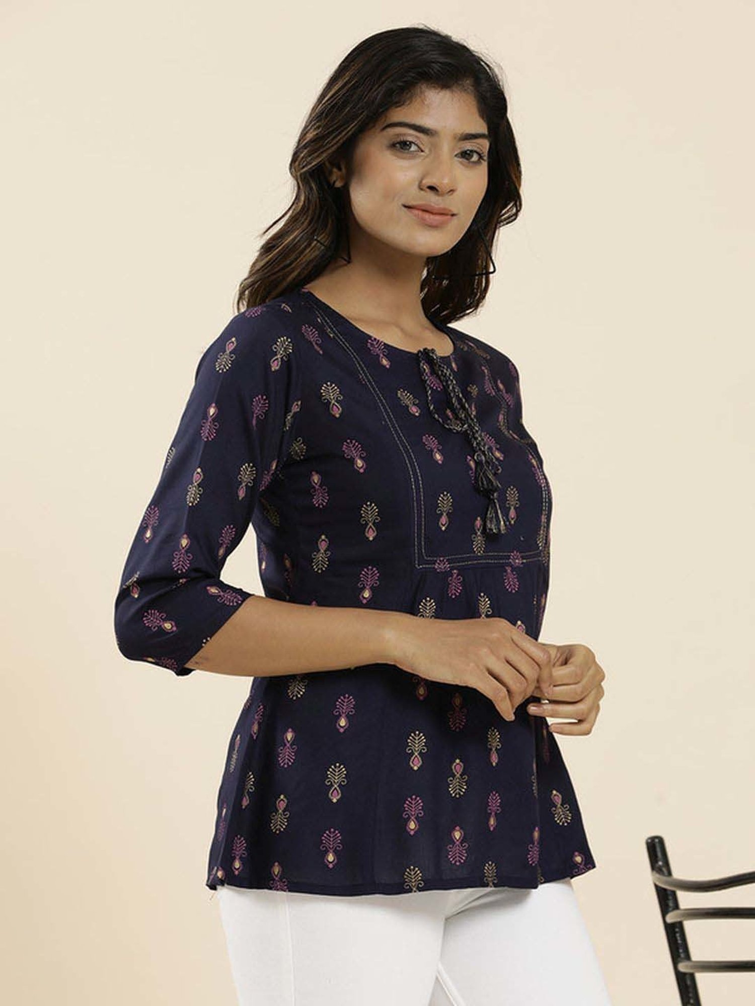 Jaipur Kurti Navy Printed Top