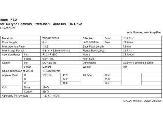 Computar Ganz High Quality CCTV Camera Lens TG0812FCS-L 1/3" 8mm f1.2 DC Auto Iris w/4-pin mini connector long cable (CS Mount)