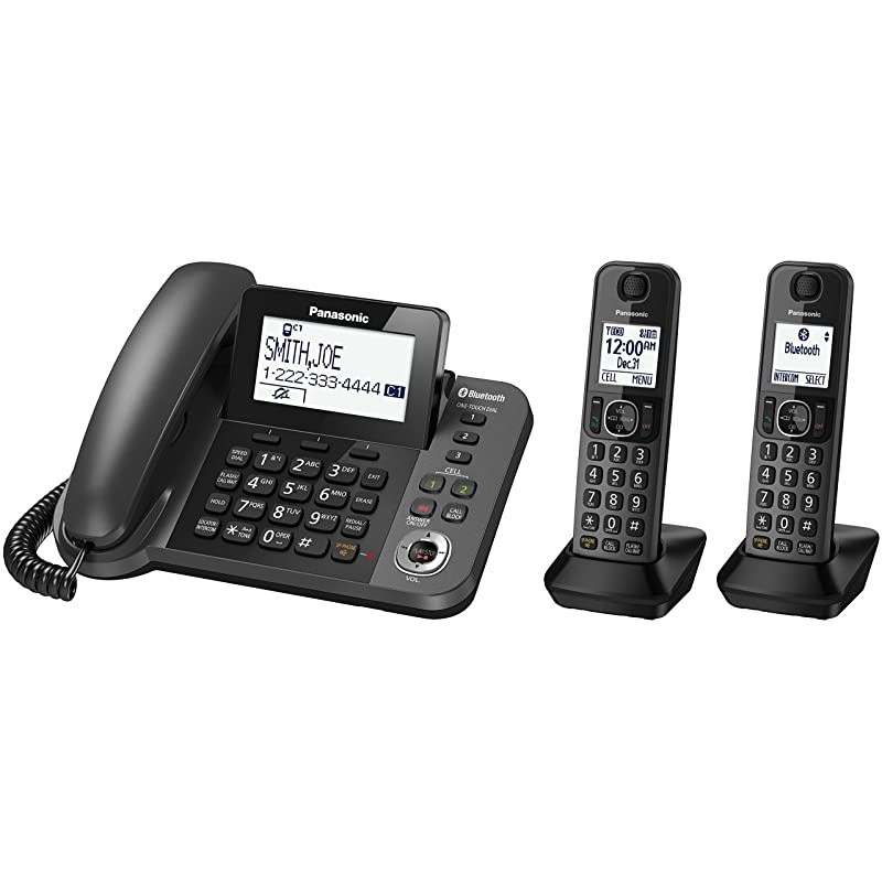 Bluetooth Corded / Cordless Phone System with Answering Machine, Enhanced Noise Reduction and One-Touch Call Block - 2 Handsets - KX-TGF382M (Metallic Black)