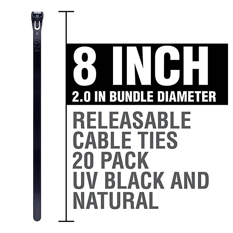 ZipIts Releasable Cable Ties 8 Inch 50 Lb Zip Ties 20 Pieces Assortment 10 Pieces Natural 10 Pieces UV Black UL Listed Contractor Quality Industrial Strength