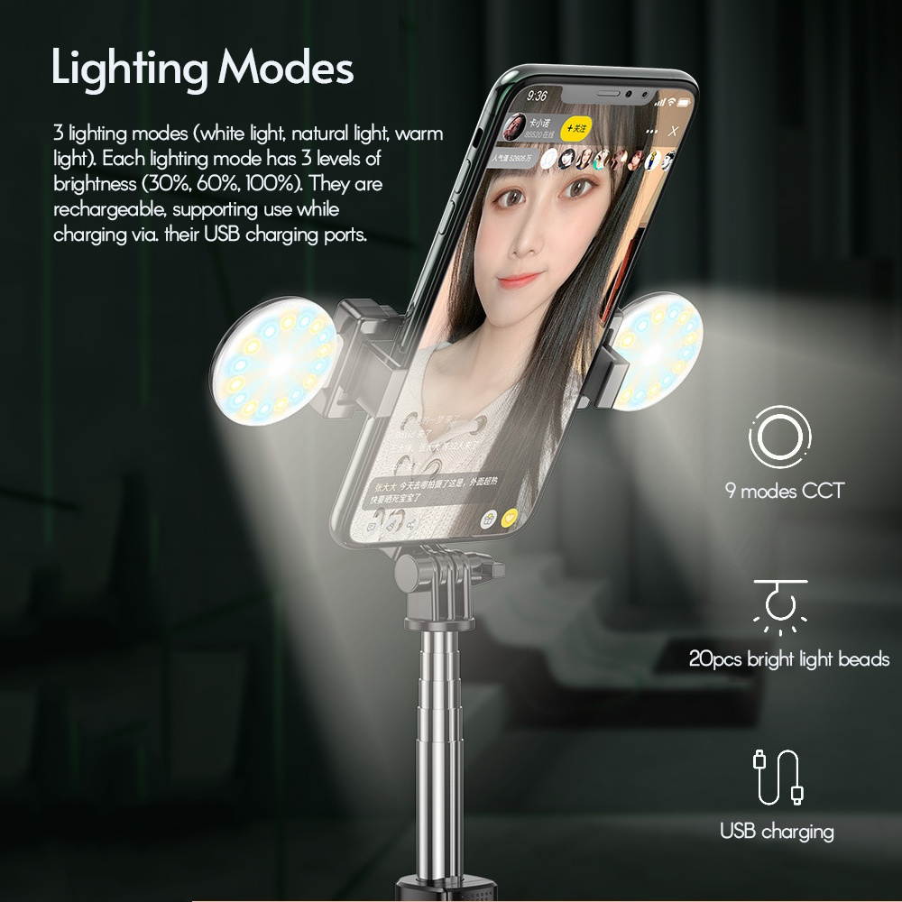 R9 Portable 5-Section Extendable Selfie Stick Integrated with 360&deg; Rotary Phone Holder Dual LED Ring Lights Tripod Remote Control for Smartphone Selfie Vlogging Live Streaming Portrait Photography