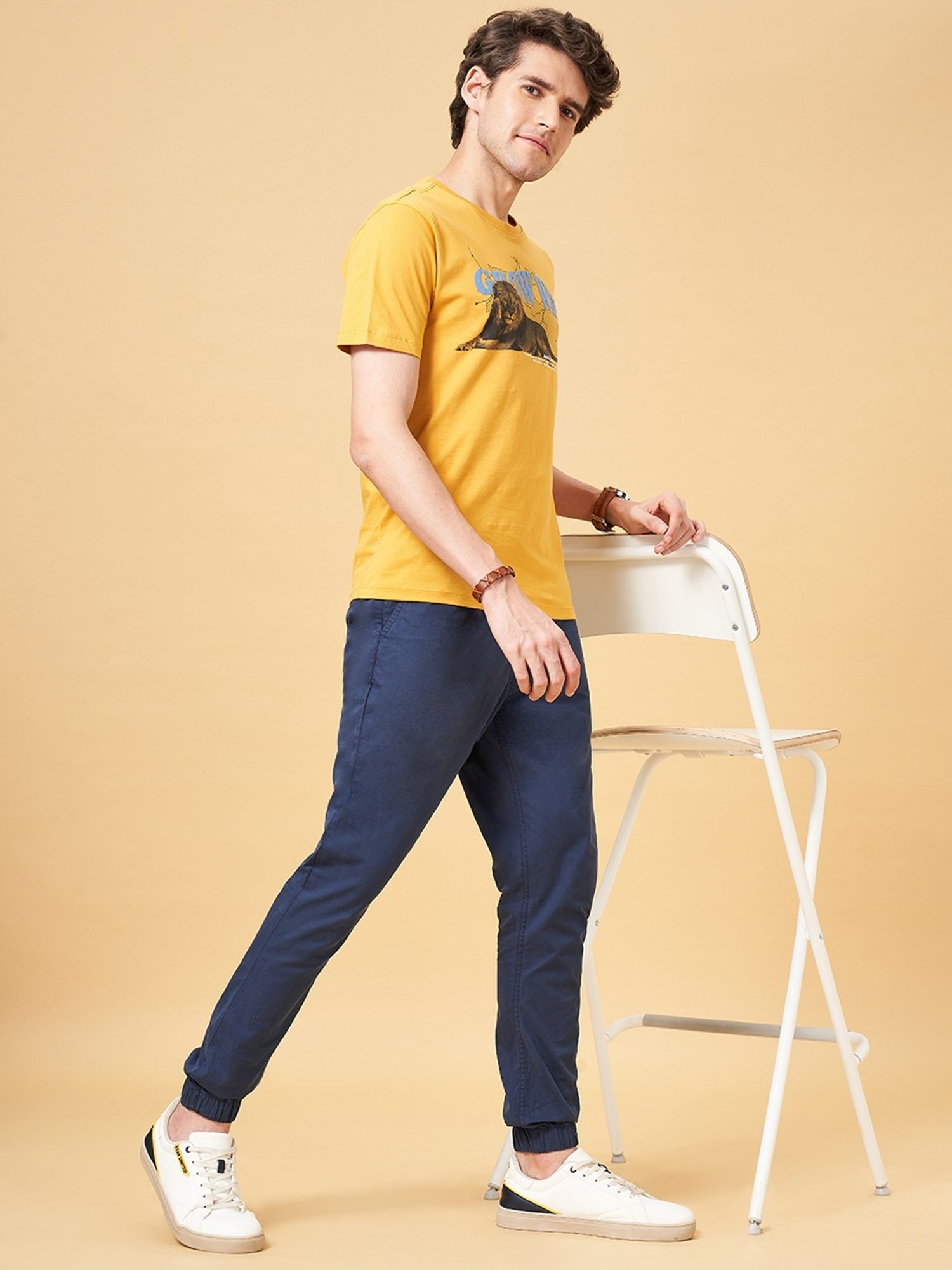 Urban Ranger by Pantaloons Chinese Yellow Cotton Slim Fit Printed T-Shirt