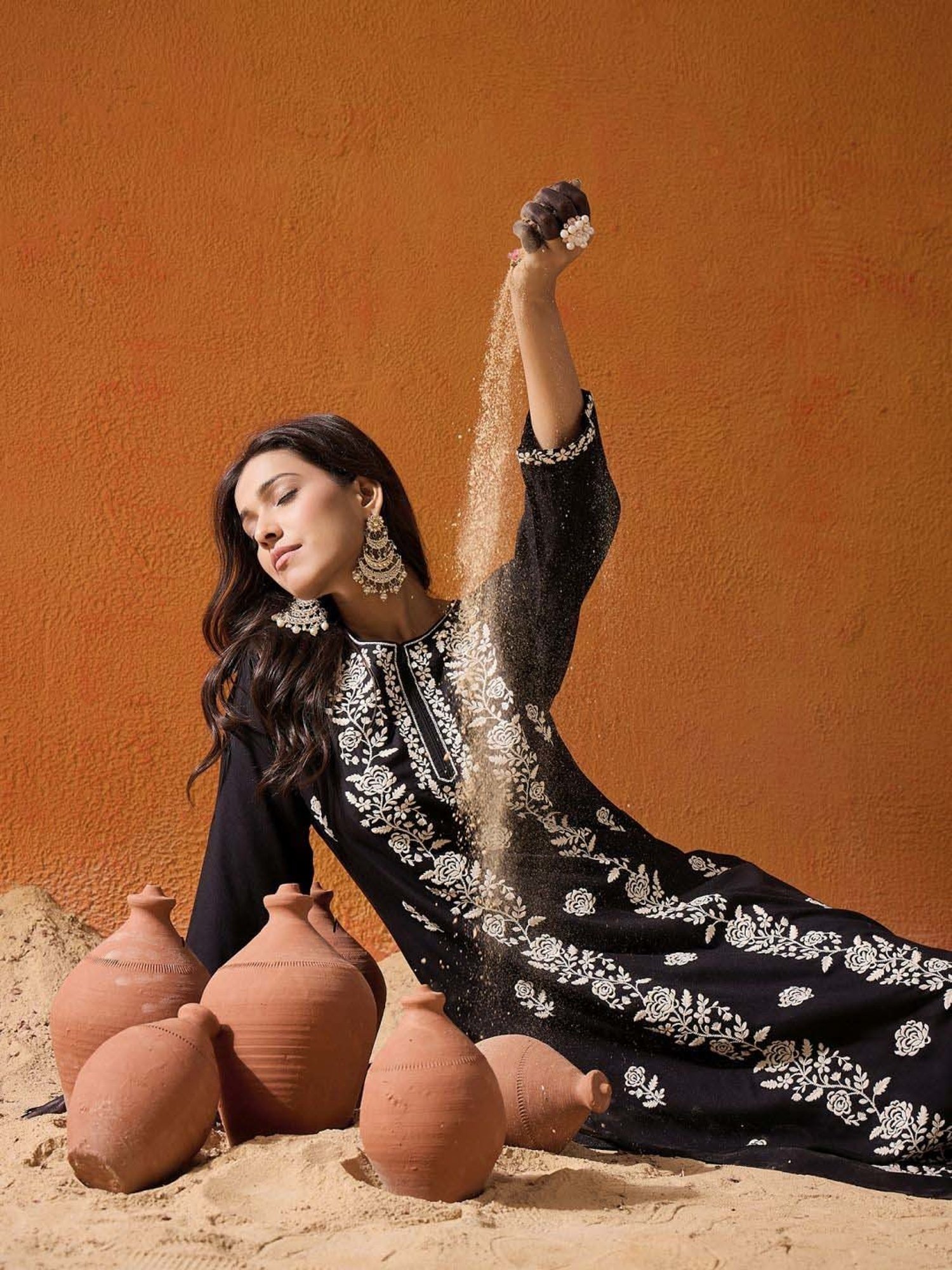 Indo Era Black Embroidered Straight Kurta