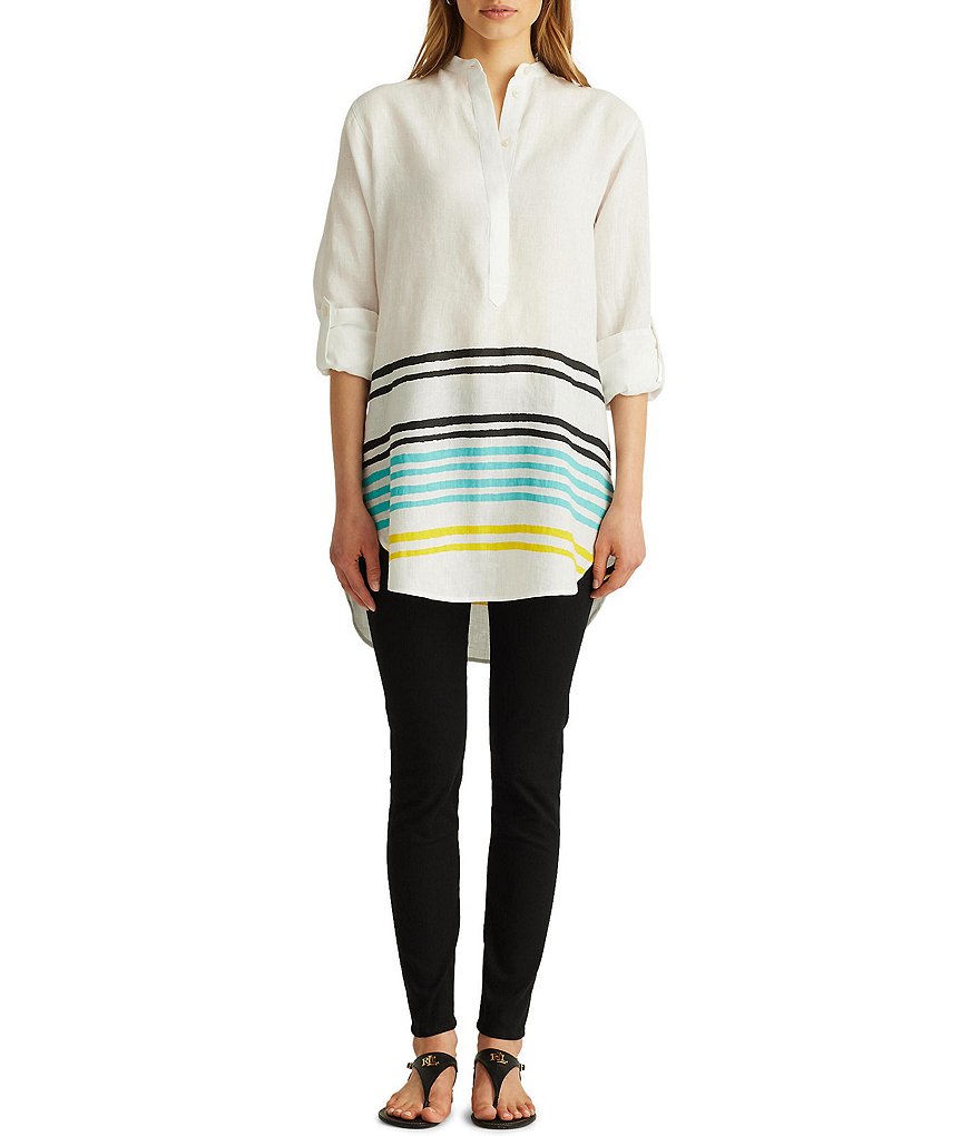 Lauren Ralph Lauren Petite Size Striped Linen Long Roll-Tab Sleeve Hi-Low Tunic