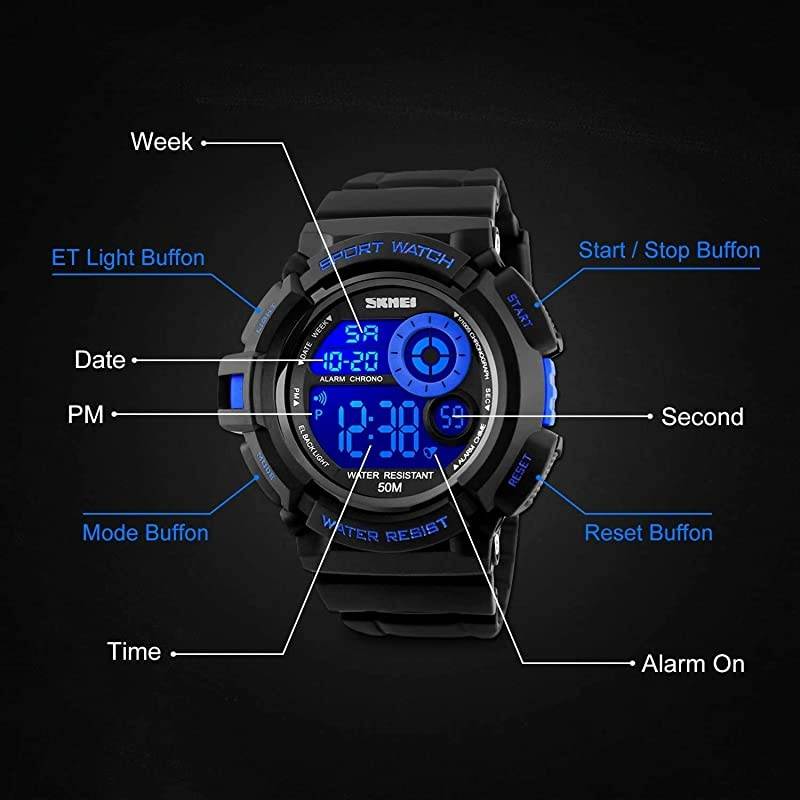 Mens Sport Running Watch Digital Electronic 50M Waterproof Military Army Sports LED Wristwatch Water Resistant with Stopwatch Unique Dial 7 Color Changeable Backlight Blue