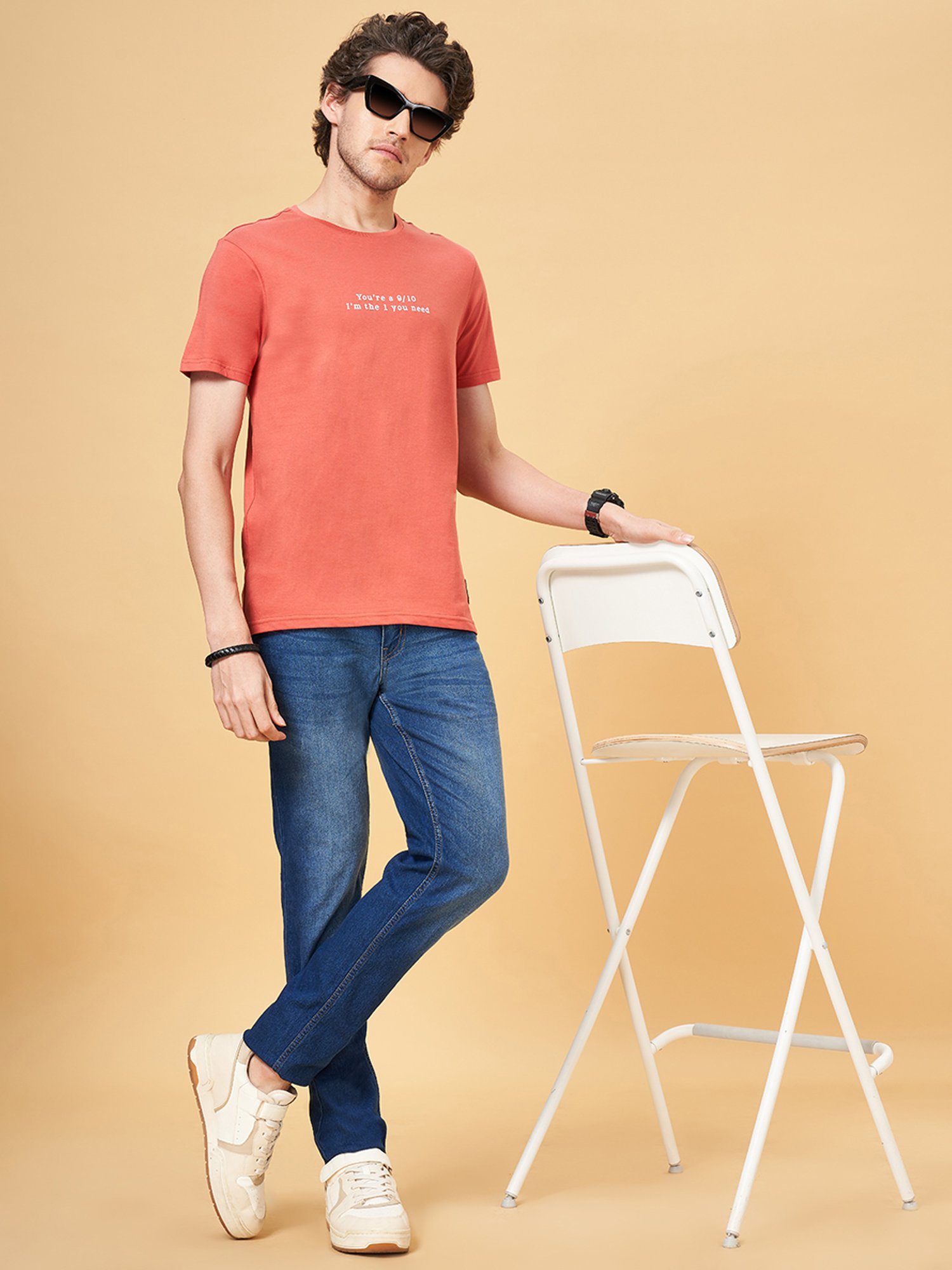 People by Pantaloons Coral Slim Fit Printed Crew T-Shirt