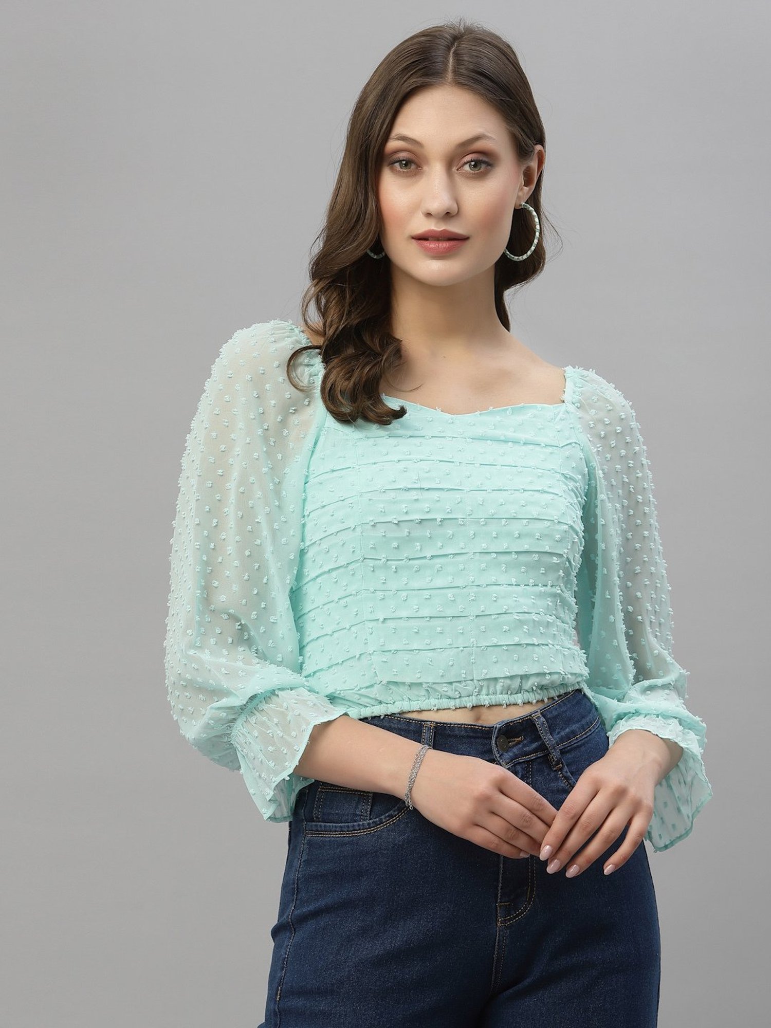KASSUALLY Mint Green Self Design Crop Top