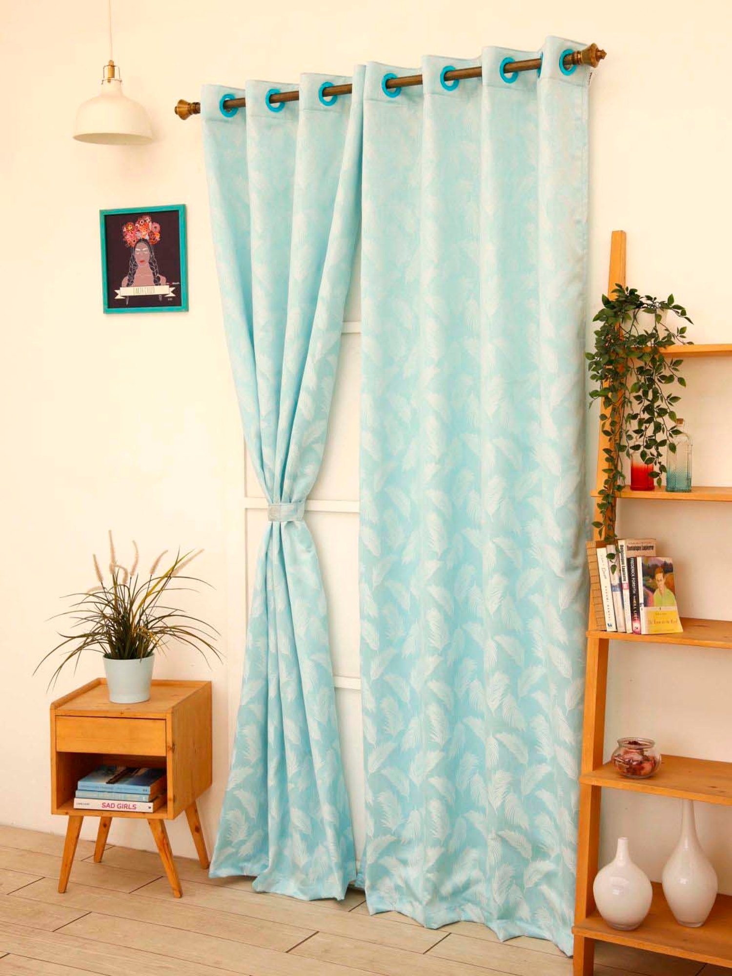 Ariana Aqua & White Polyester 7 Ft. Door Curtain